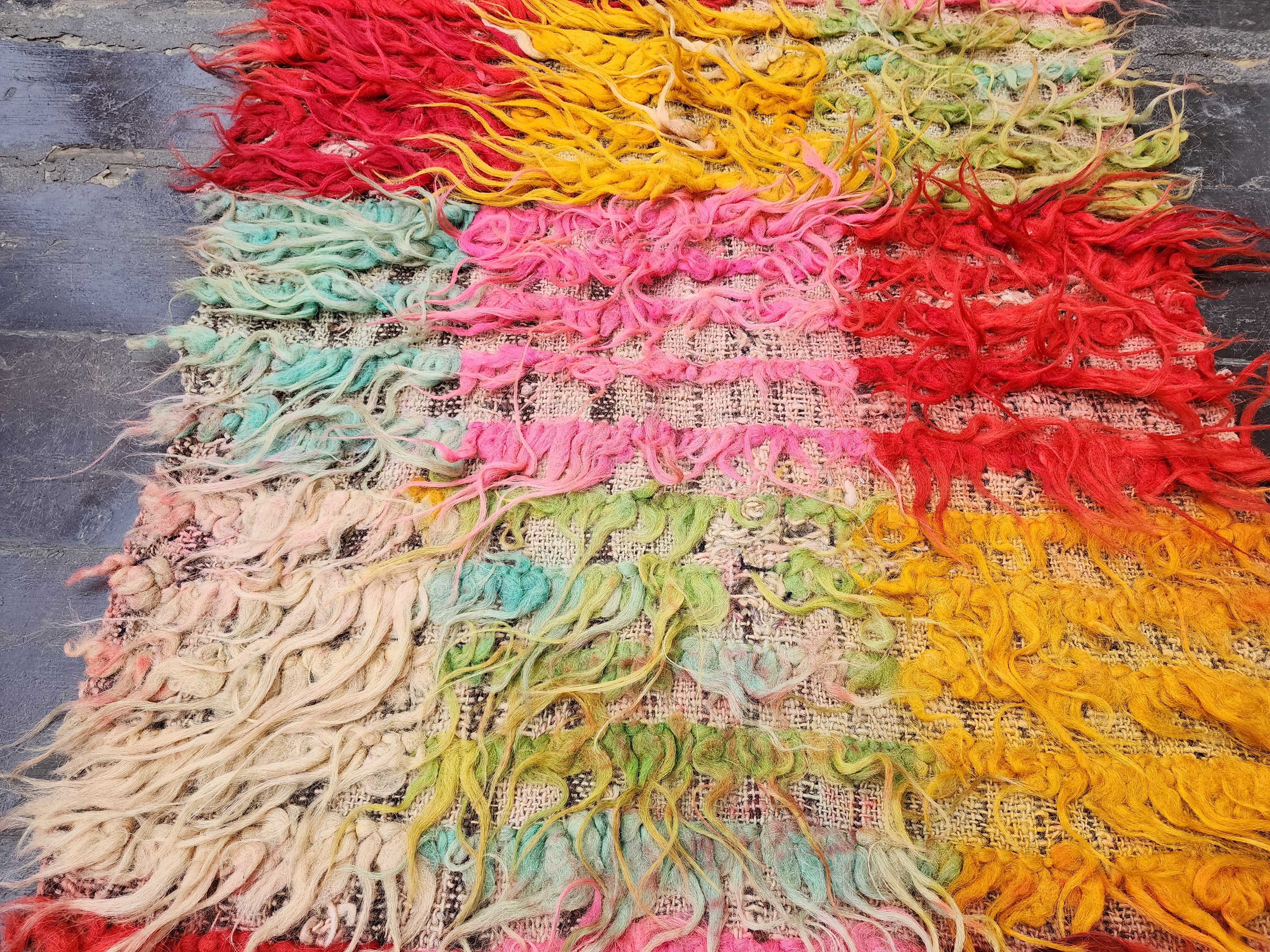 Turkish Filikli Tulu Rug, 3 ft 4 in x 2 ft, Red, Red, Yellow and Pink Shaggy Pile Kilim Handmade from Natural Wool