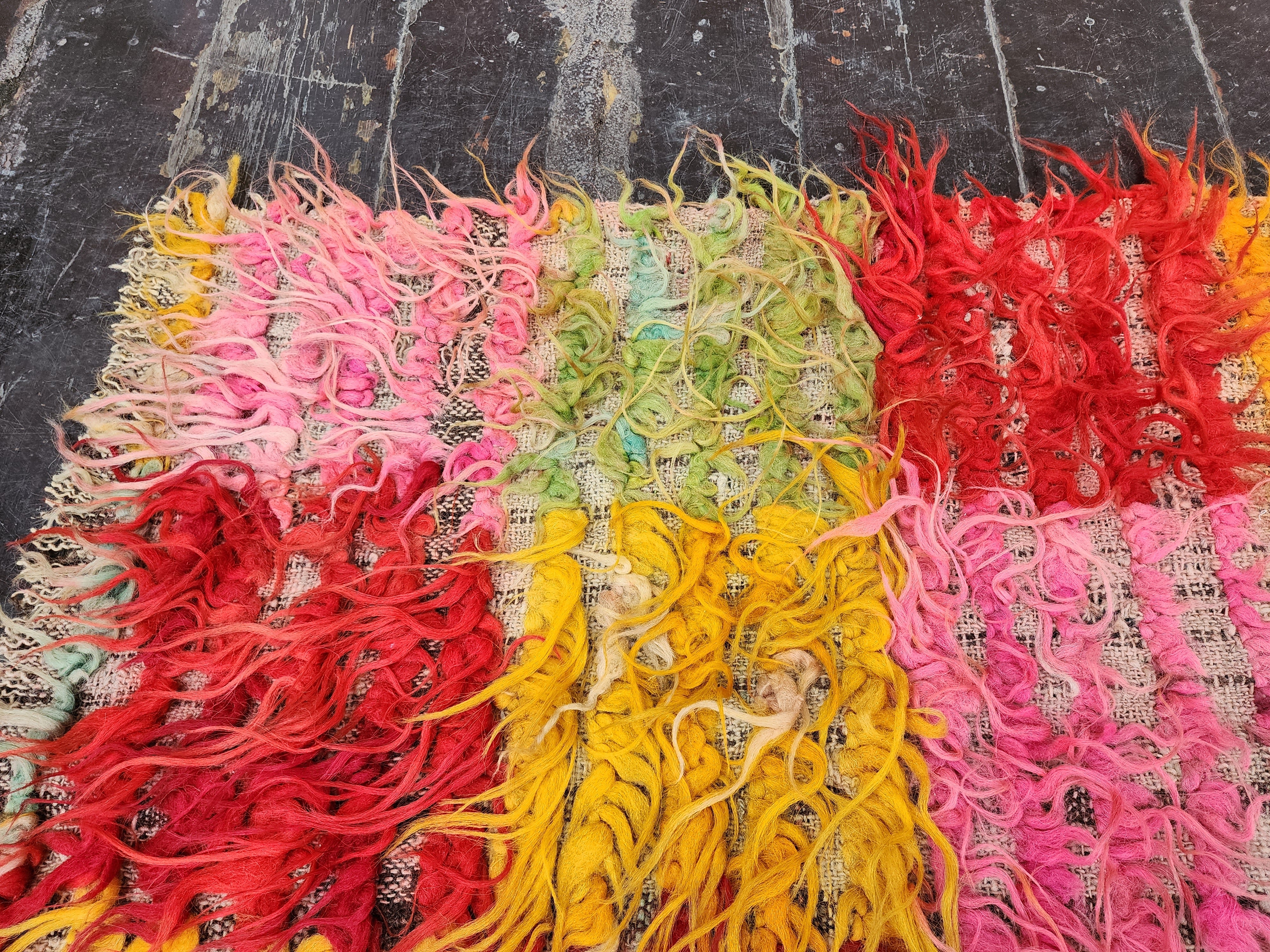 Turkish Filikli Tulu Rug, 3 ft 4 in x 2 ft, Red, Red, Yellow and Pink Shaggy Pile Kilim Handmade from Natural Wool