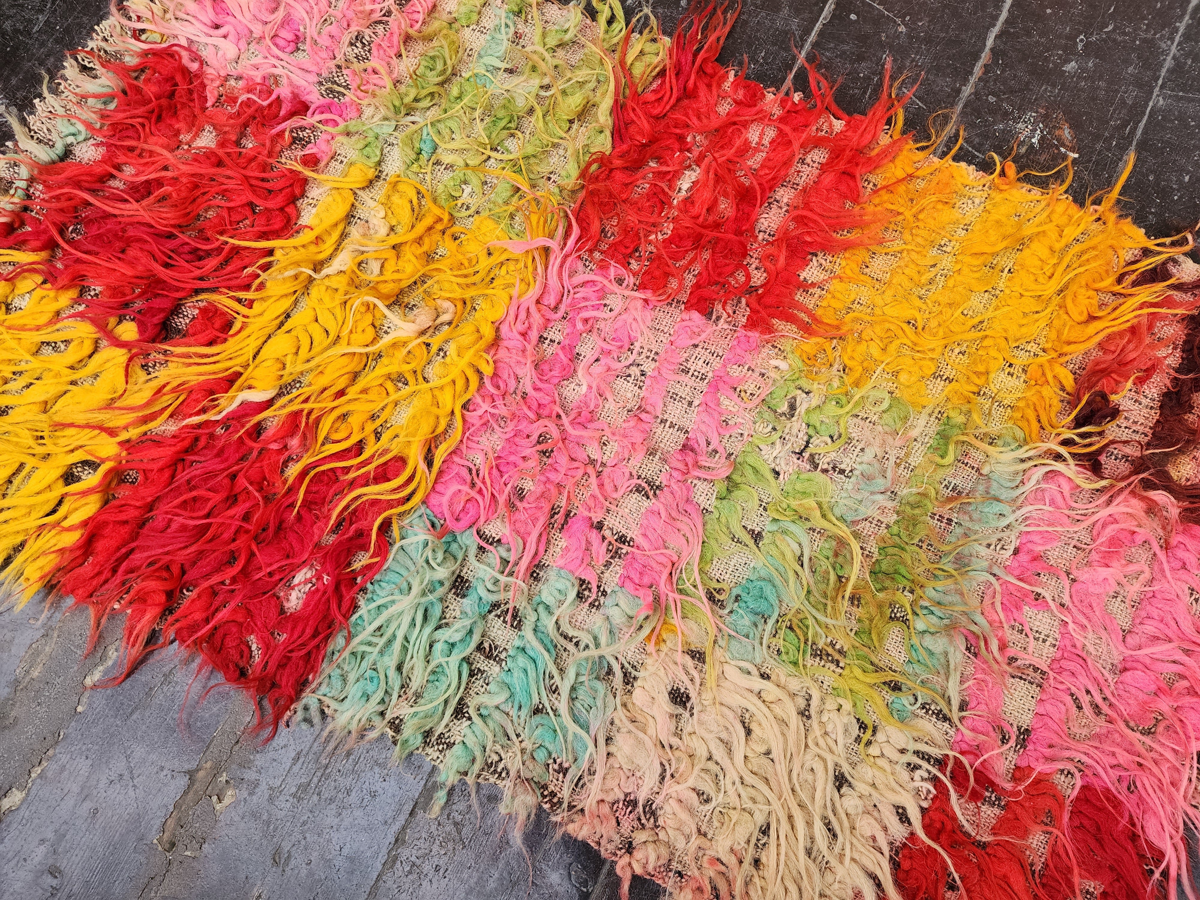 Turkish Filikli Tulu Rug, 3 ft 4 in x 2 ft, Red, Red, Yellow and Pink Shaggy Pile Kilim Handmade from Natural Wool