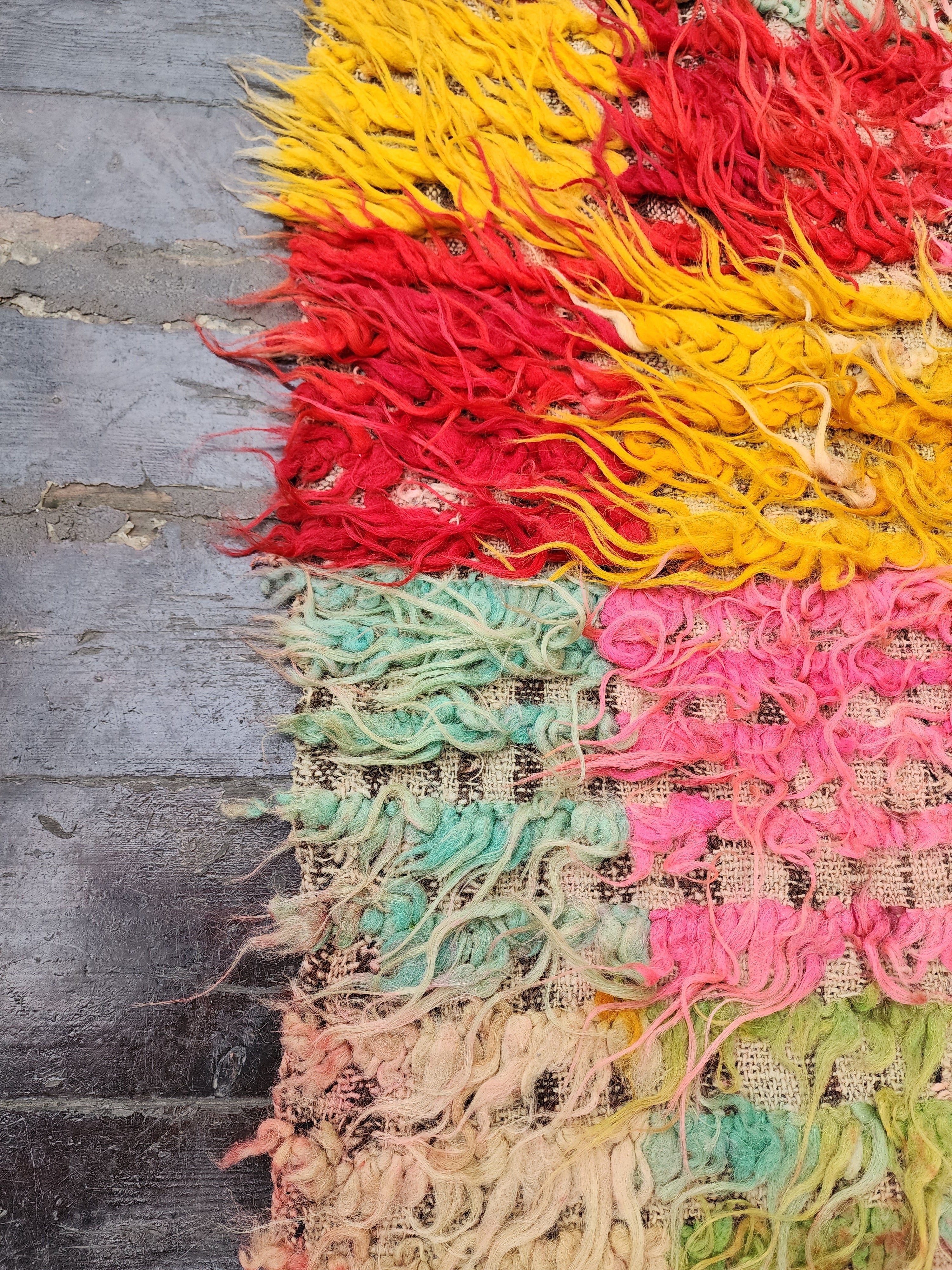 Turkish Filikli Tulu Rug, 3 ft 4 in x 2 ft, Red, Red, Yellow and Pink Shaggy Pile Kilim Handmade from Natural Wool