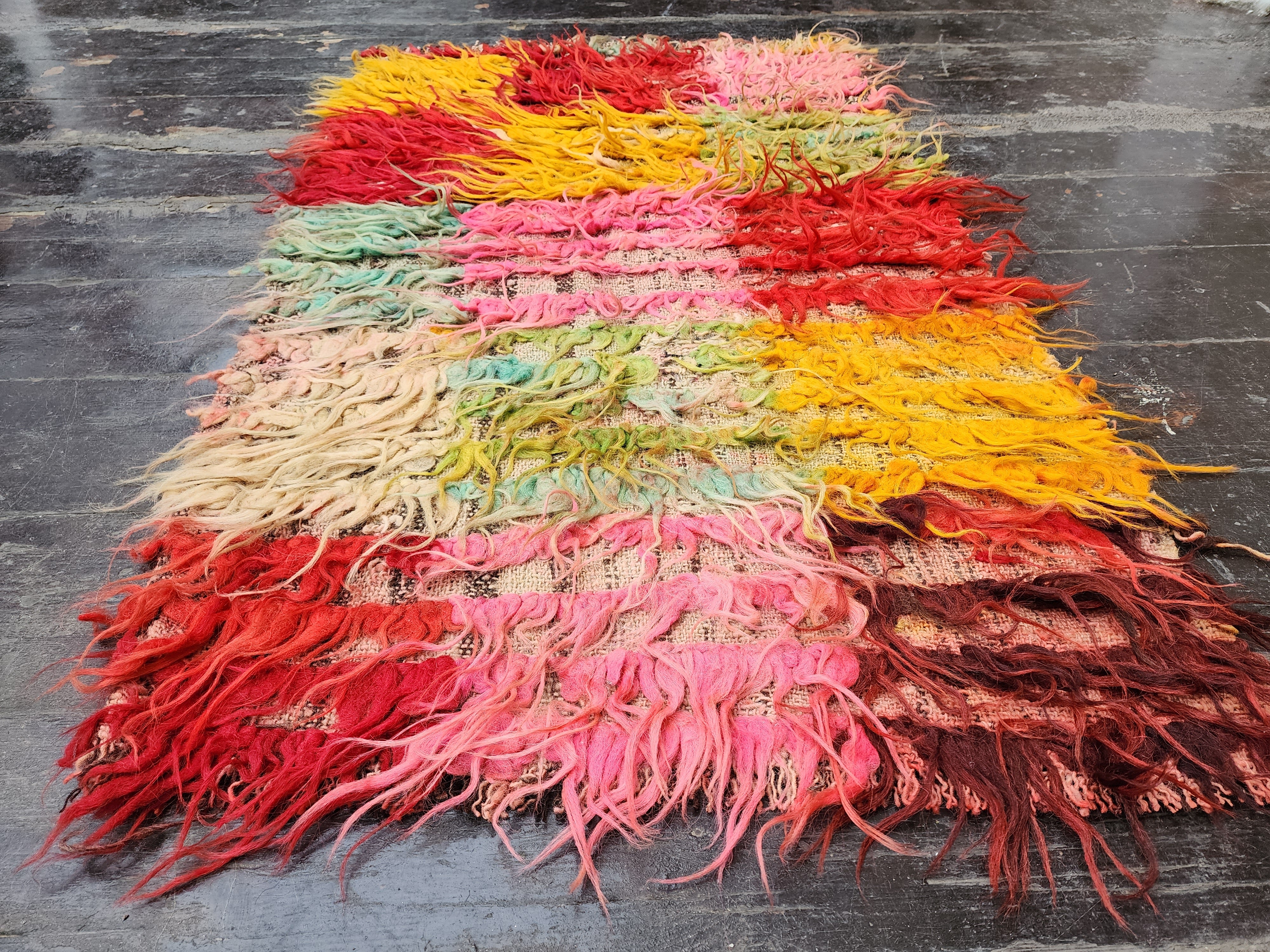 Turkish Filikli Tulu Rug, 3 ft 4 in x 2 ft, Red, Red, Yellow and Pink Shaggy Pile Kilim Handmade from Natural Wool