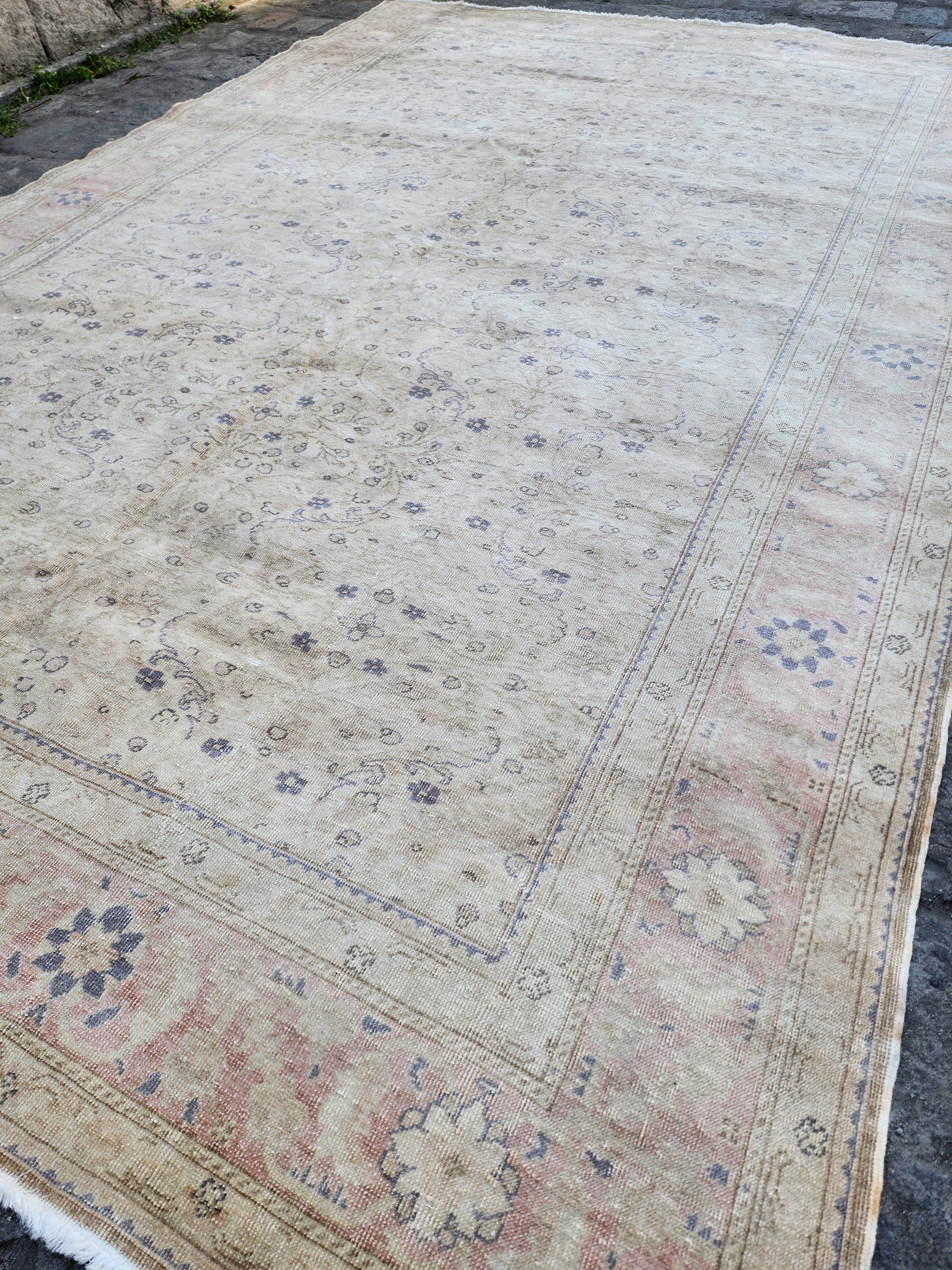 Pastel Turkish Rug 9 x 6 ft Vintage Antique Muted Pink Blue Overdyed Rug, Distressed Pale Oushak Rug Handmade Natural Wool Persian Area Rug