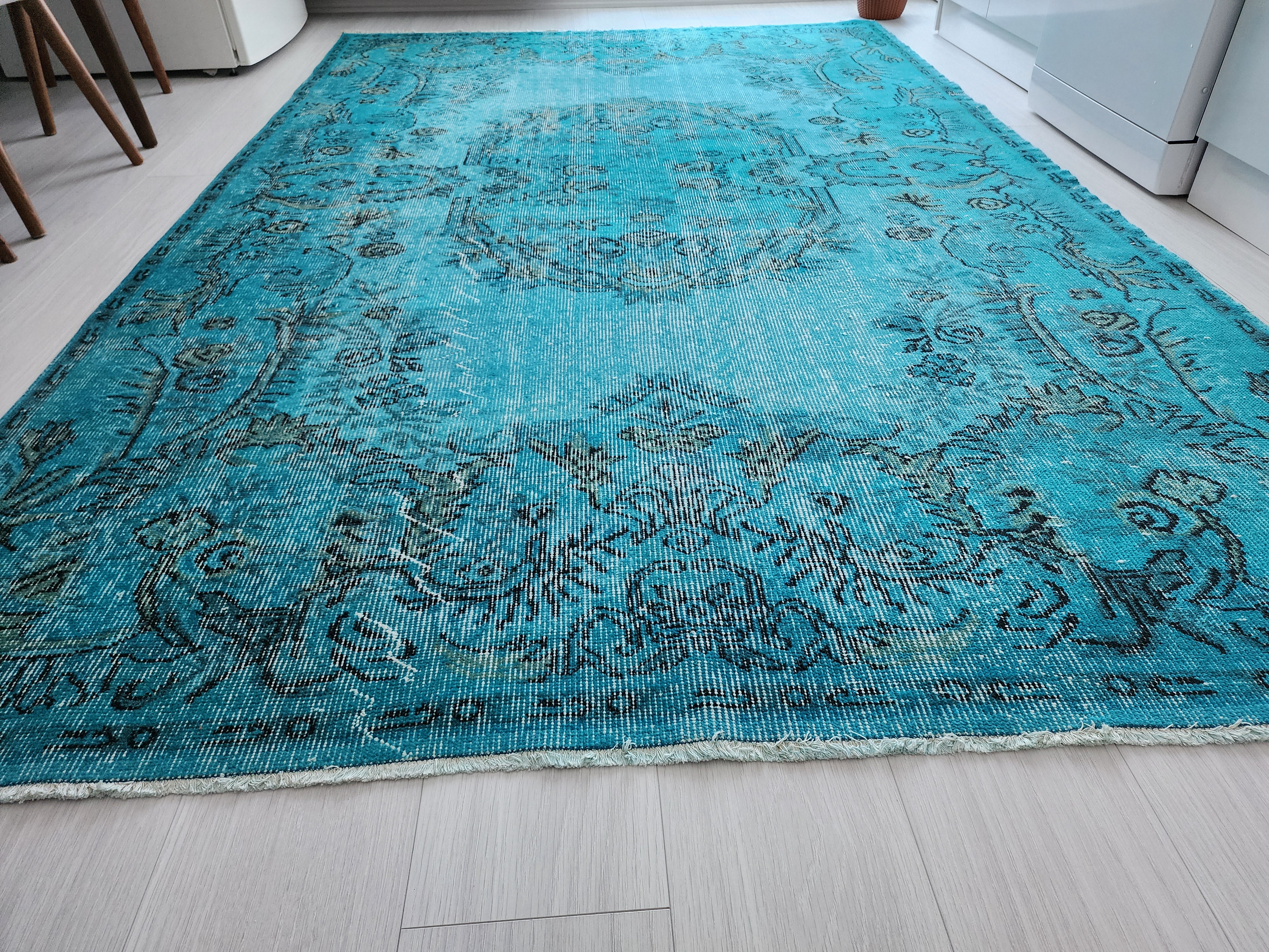 Tapis vintage surteint, tapis recyclé bleu turquoise, tapis fait main en laine de style bohème oriental, tapis persan vieilli 9'1"5'1"