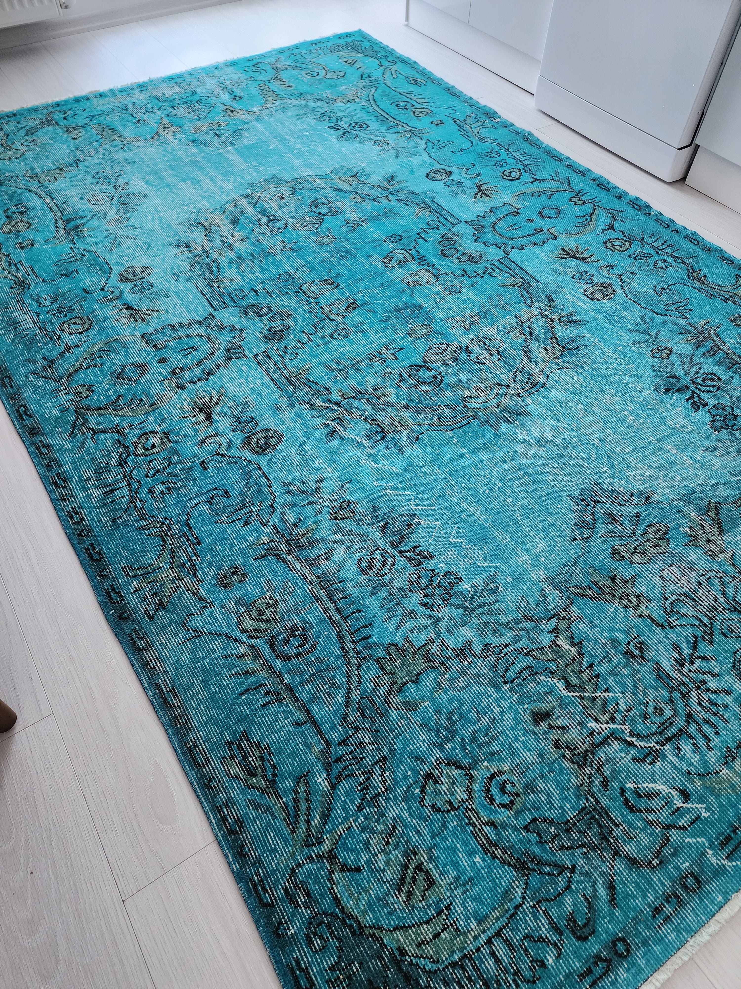 Tapis vintage surteint, tapis recyclé bleu turquoise, tapis fait main en laine de style bohème oriental, tapis persan vieilli 9'1"5'1"