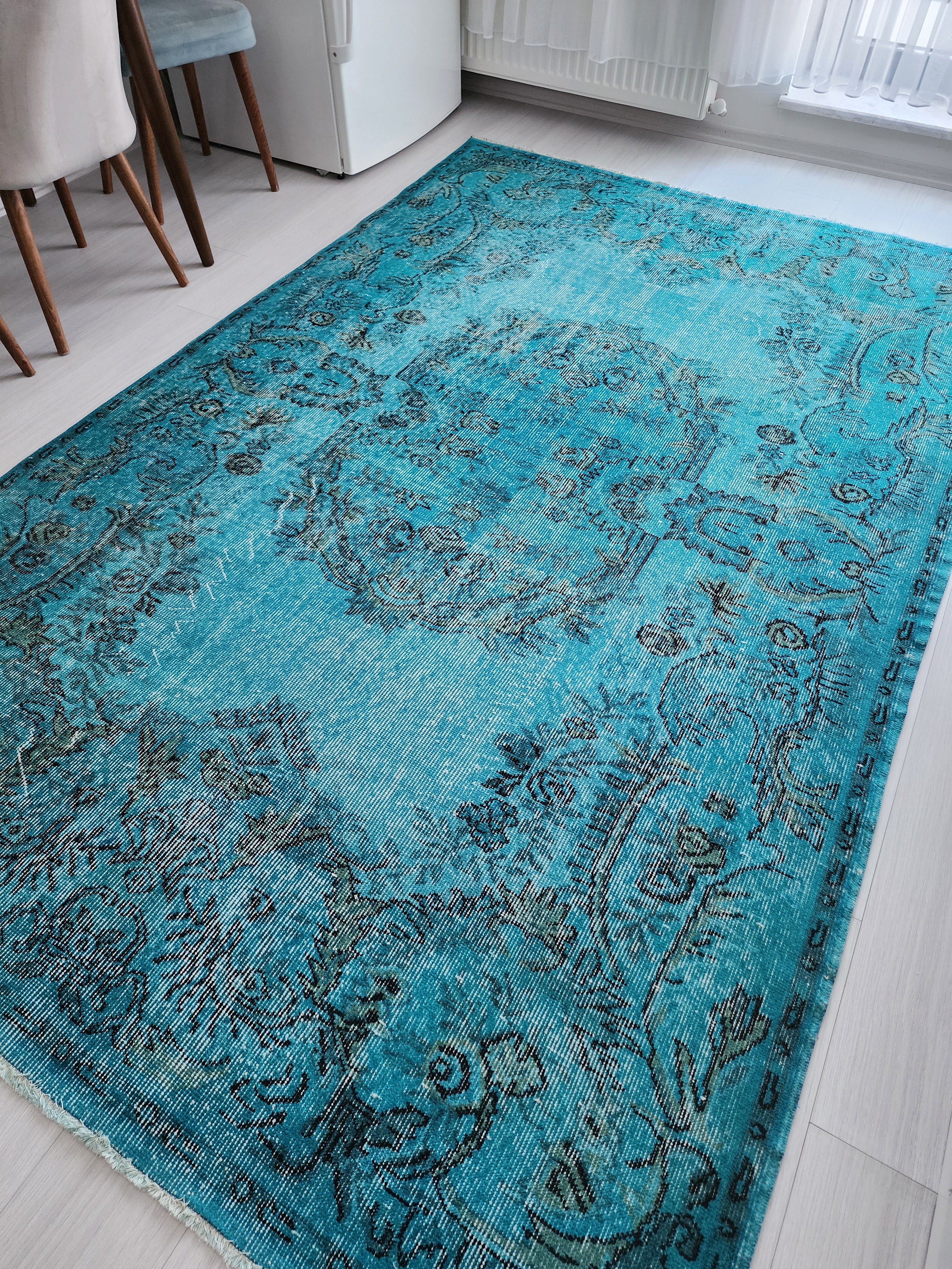 Tapis vintage surteint, tapis recyclé bleu turquoise, tapis fait main en laine de style bohème oriental, tapis persan vieilli 9'1"5'1"
