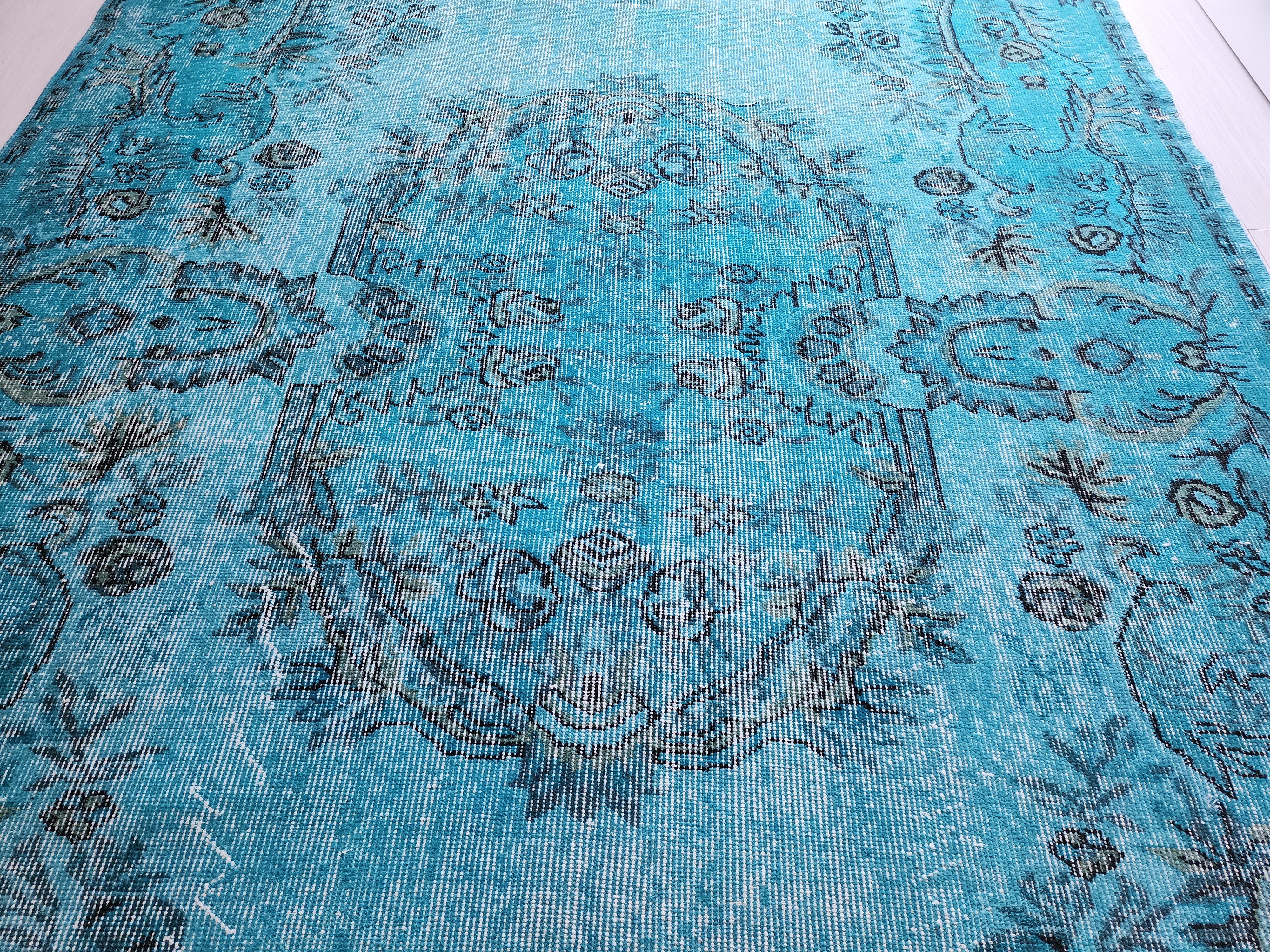 Tapis vintage surteint, tapis recyclé bleu turquoise, tapis fait main en laine de style bohème oriental, tapis persan vieilli 9'1"5'1"