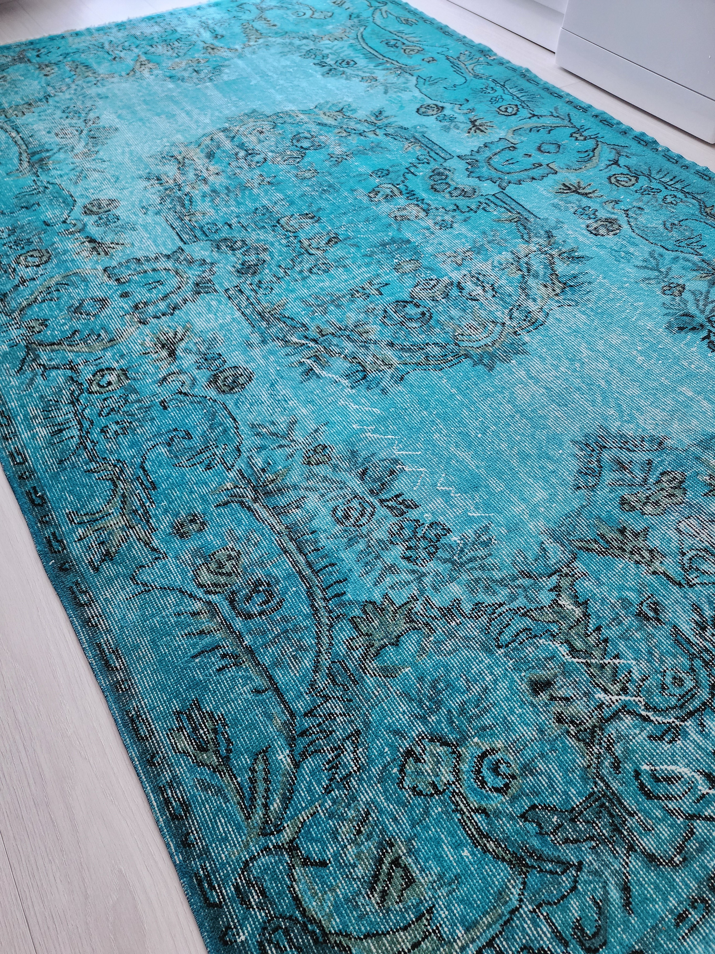 Tapis vintage surteint, tapis recyclé bleu turquoise, tapis fait main en laine de style bohème oriental, tapis persan vieilli 9'1"5'1"