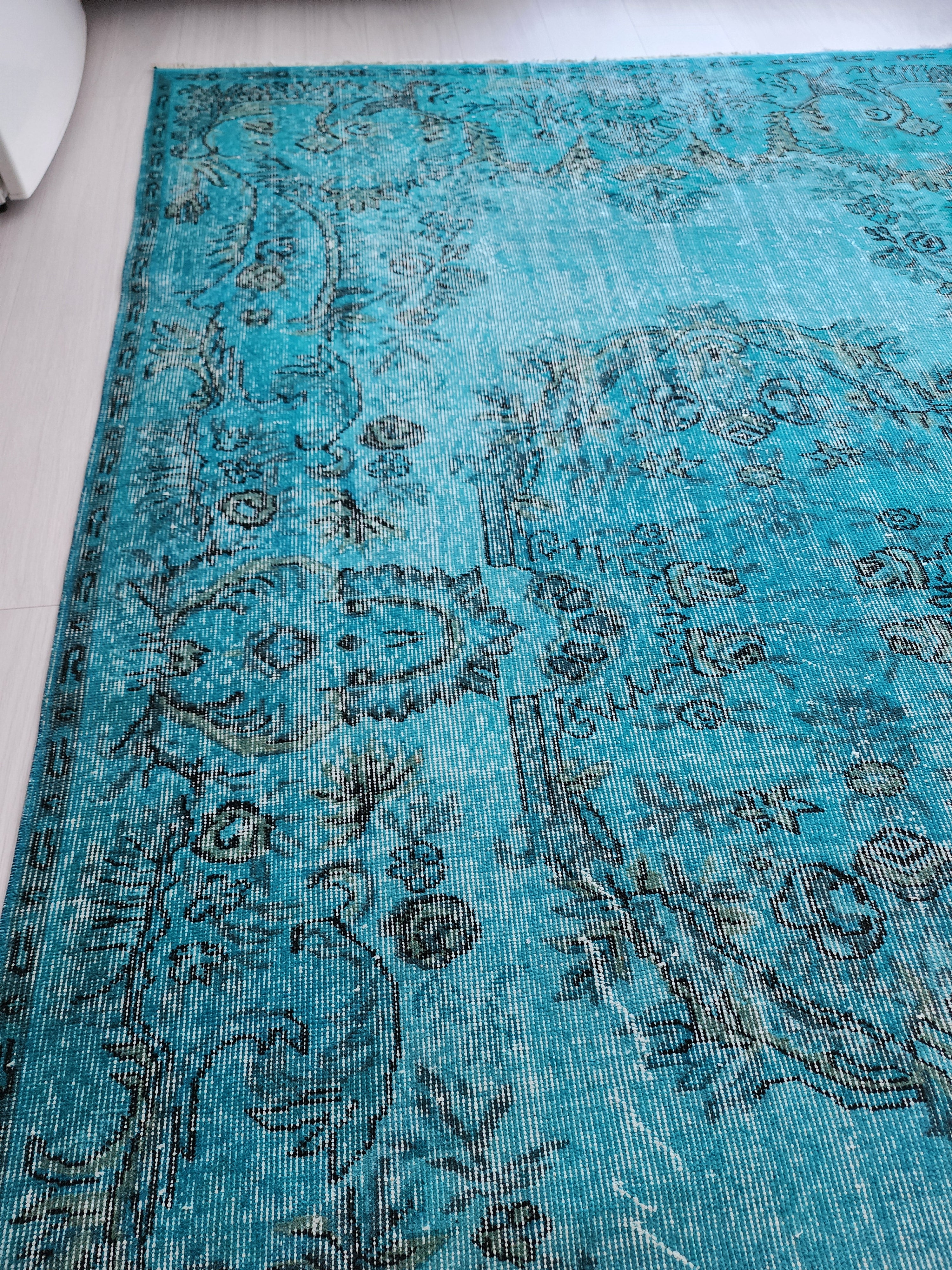 Tapis vintage surteint, tapis recyclé bleu turquoise, tapis fait main en laine de style bohème oriental, tapis persan vieilli 9'1"5'1"