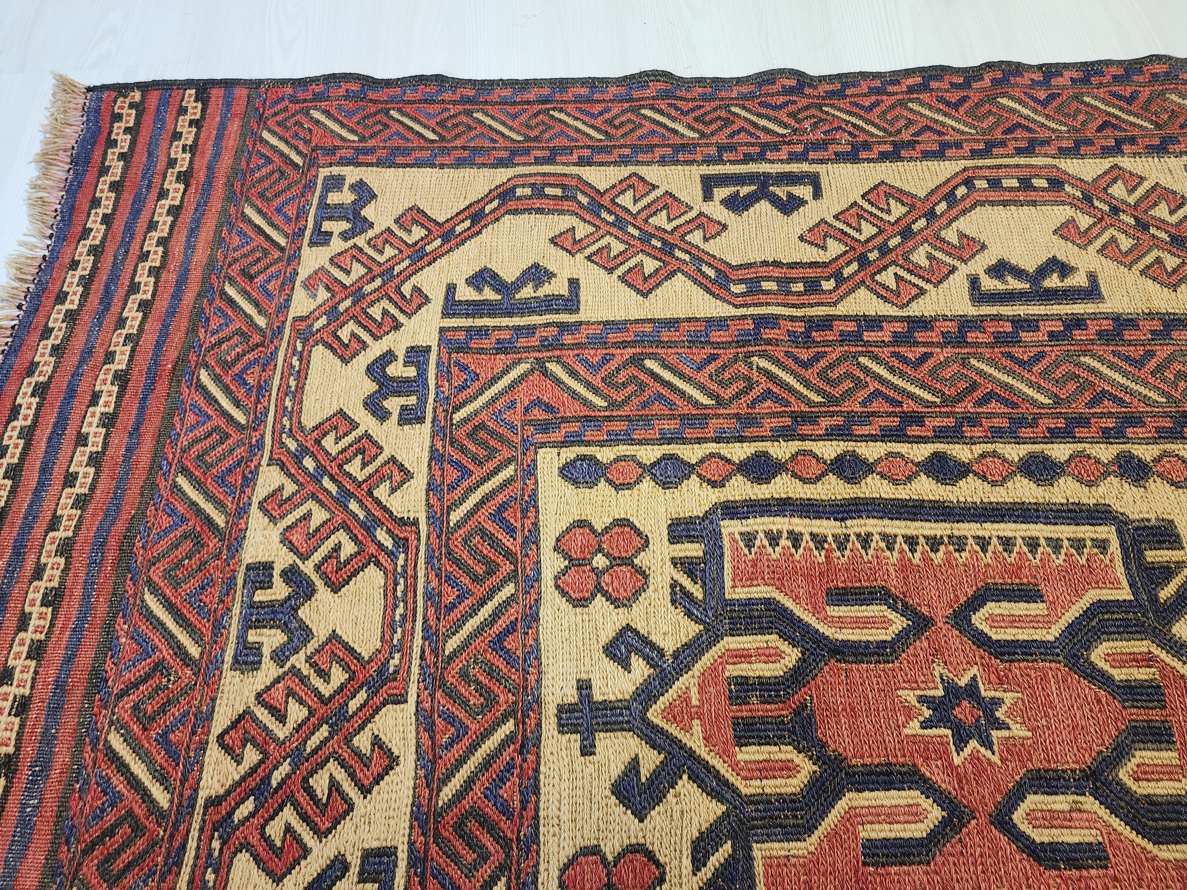 Skiathia — Vintage Anatolian Soumak Kilim Rug, Natural Wool, Tribal Medallions, Geometric (6'9''x8'9'')
