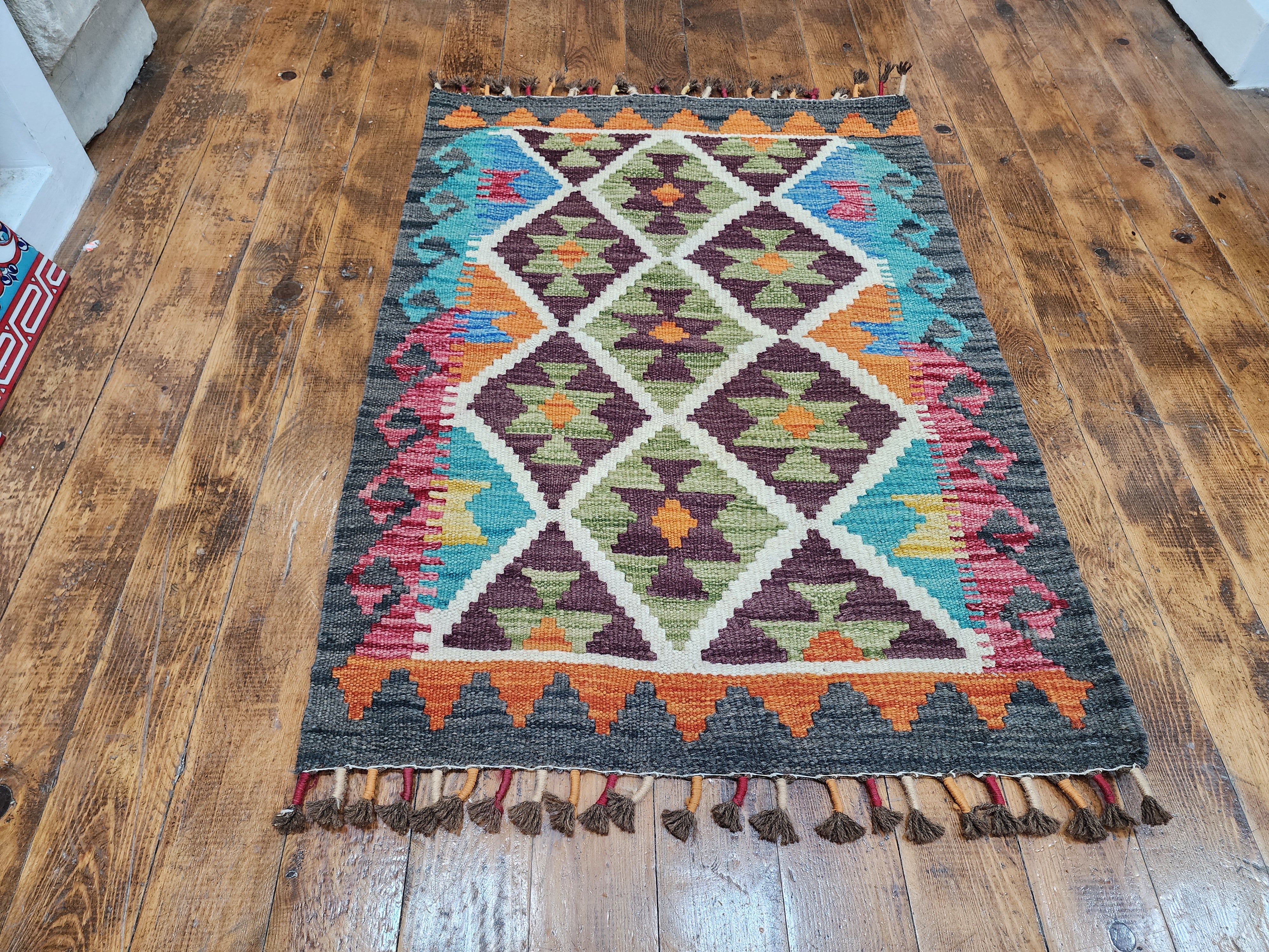 Afghan Kilim Rug, 2 ft 1 in x 2 ft 11 in Green, Blue and Orange Kilim Rug