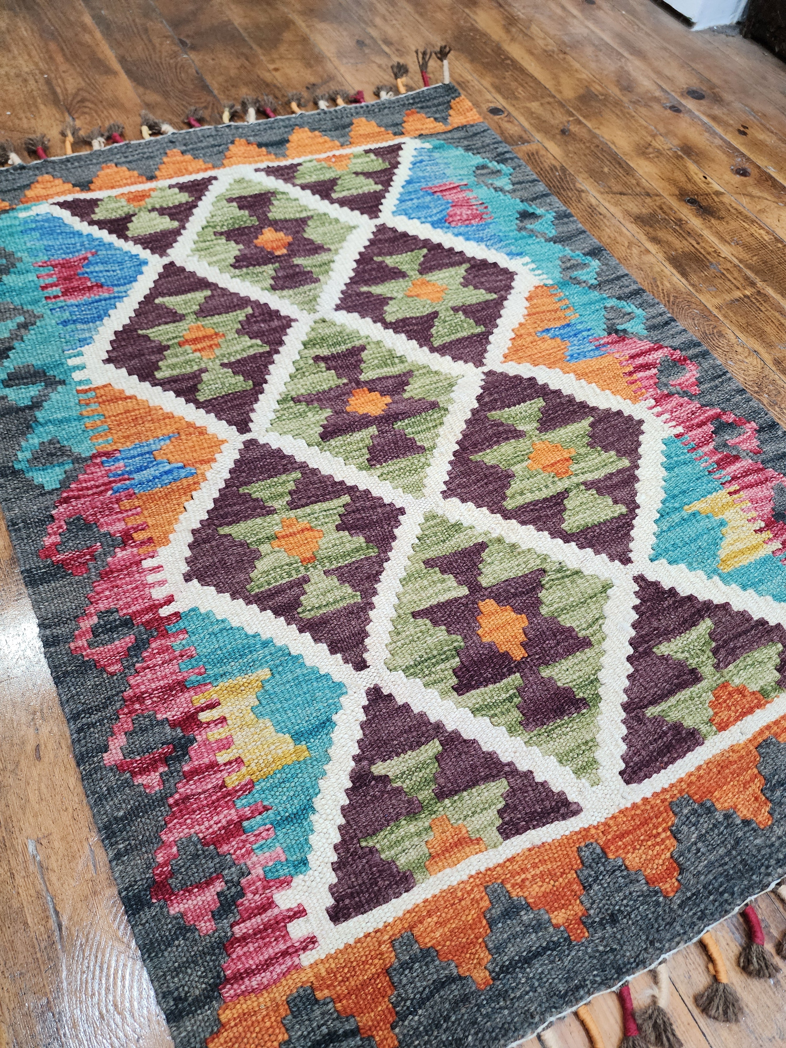 Afghan Kilim Rug, 2 ft 1 in x 2 ft 11 in Green, Blue and Orange Kilim Rug