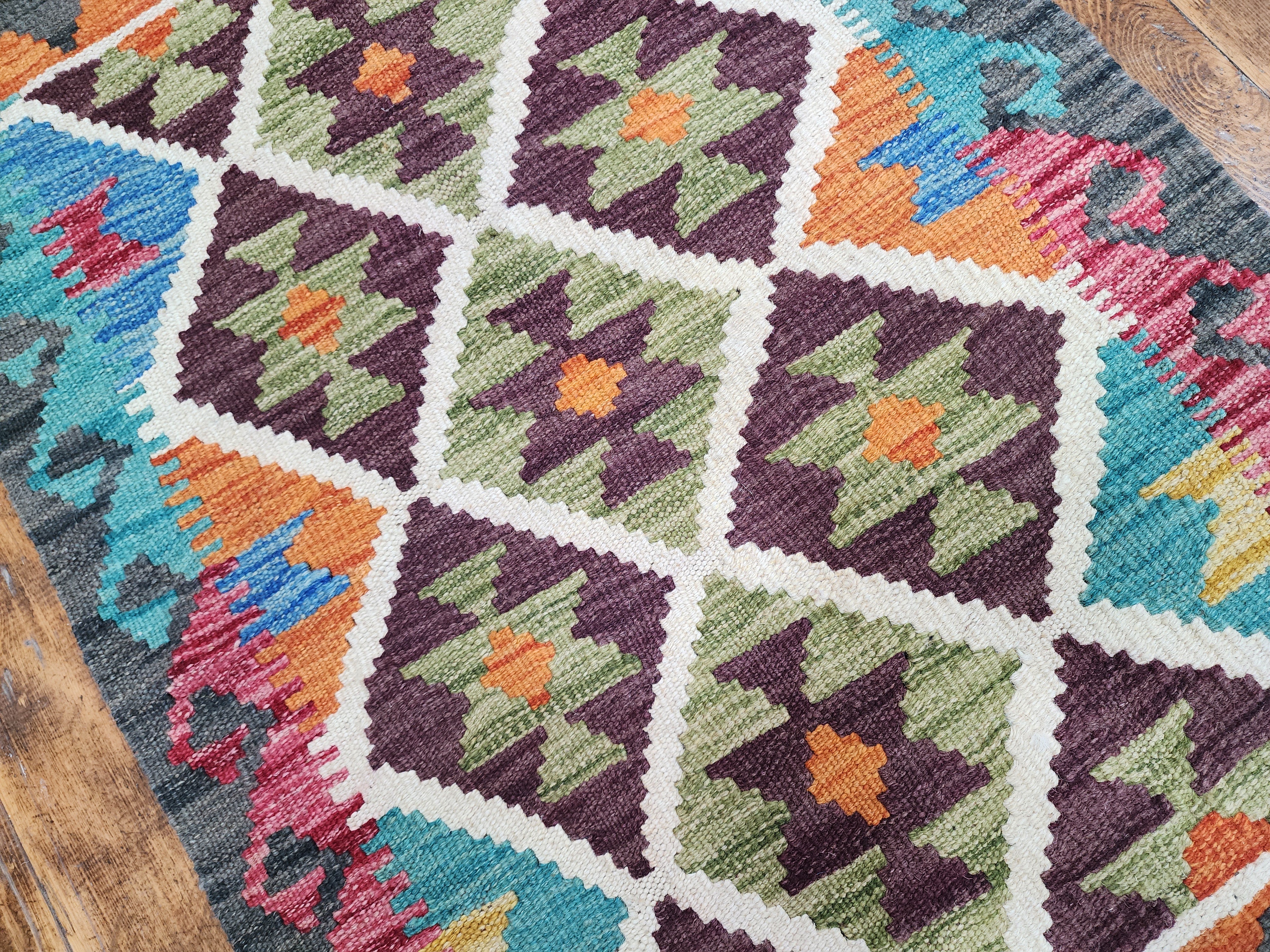 Alfombra Kilim afgana, 2 pies 1 pulgada x 2 pies 11 pulgadas Alfombra Kilim verde, azul y naranja