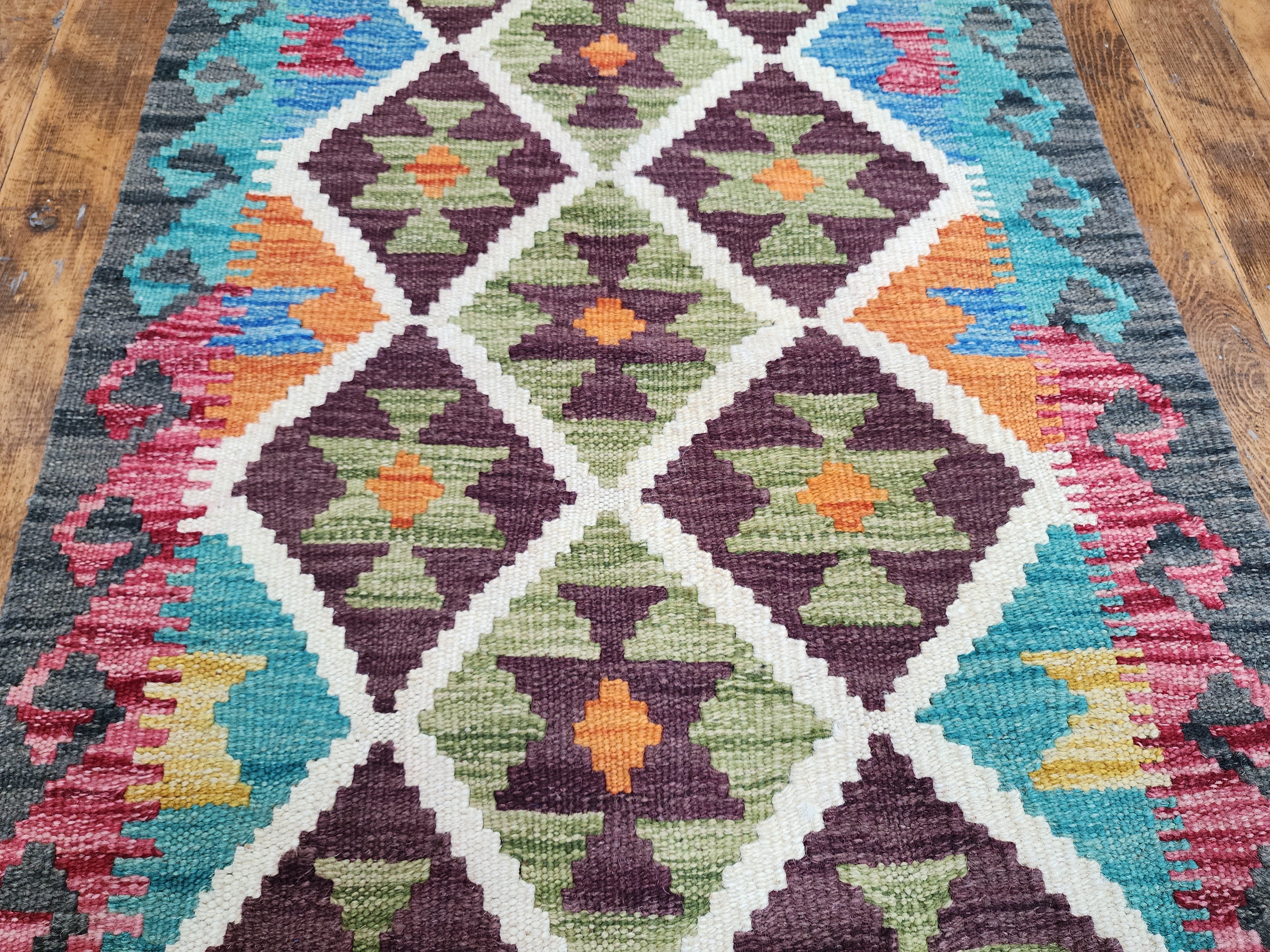 Afghan Kilim Rug, 2 ft 1 in x 2 ft 11 in Green, Blue and Orange Kilim Rug