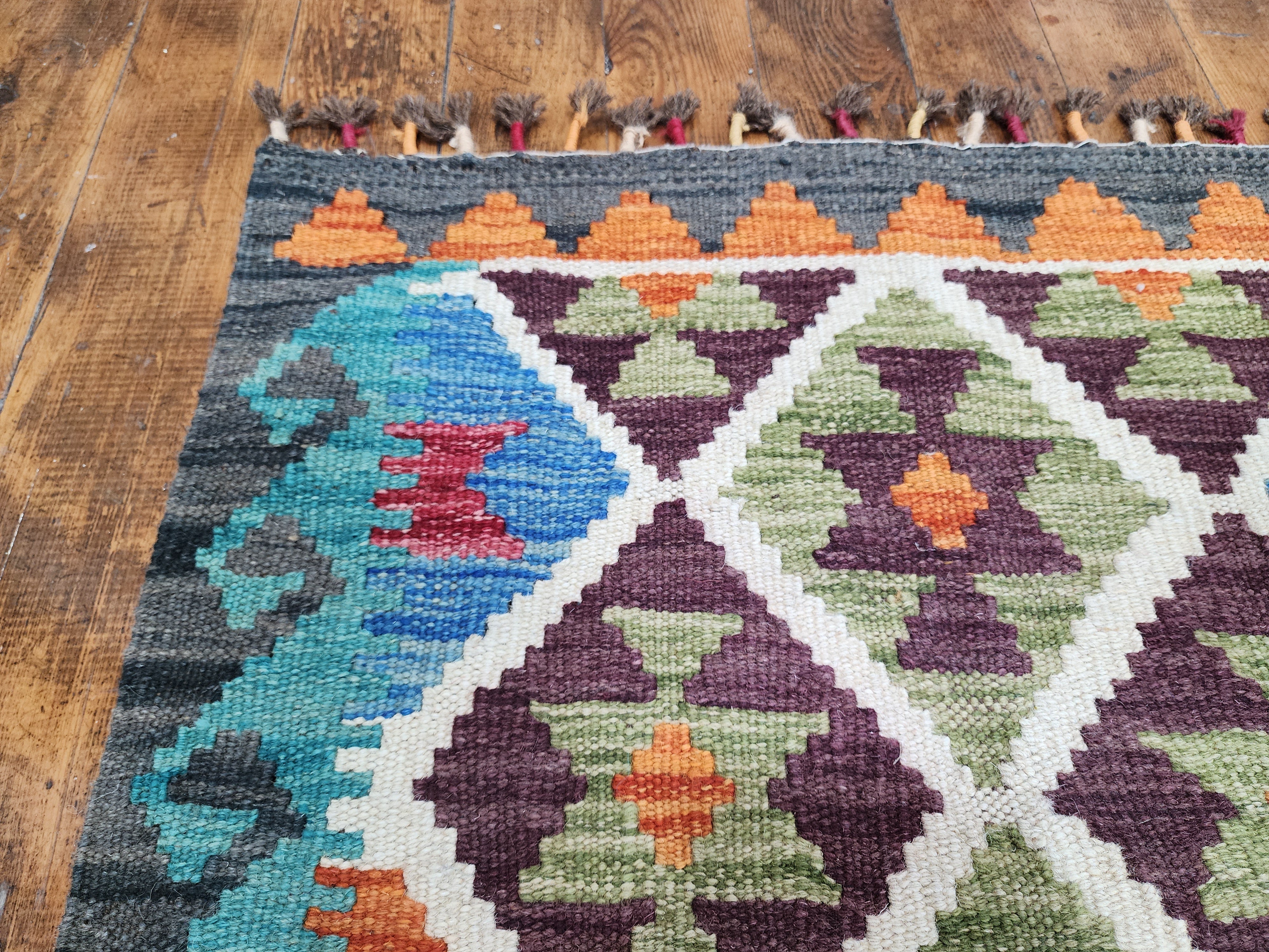 Afghan Kilim Rug, 2 ft 1 in x 2 ft 11 in Green, Blue and Orange Kilim Rug