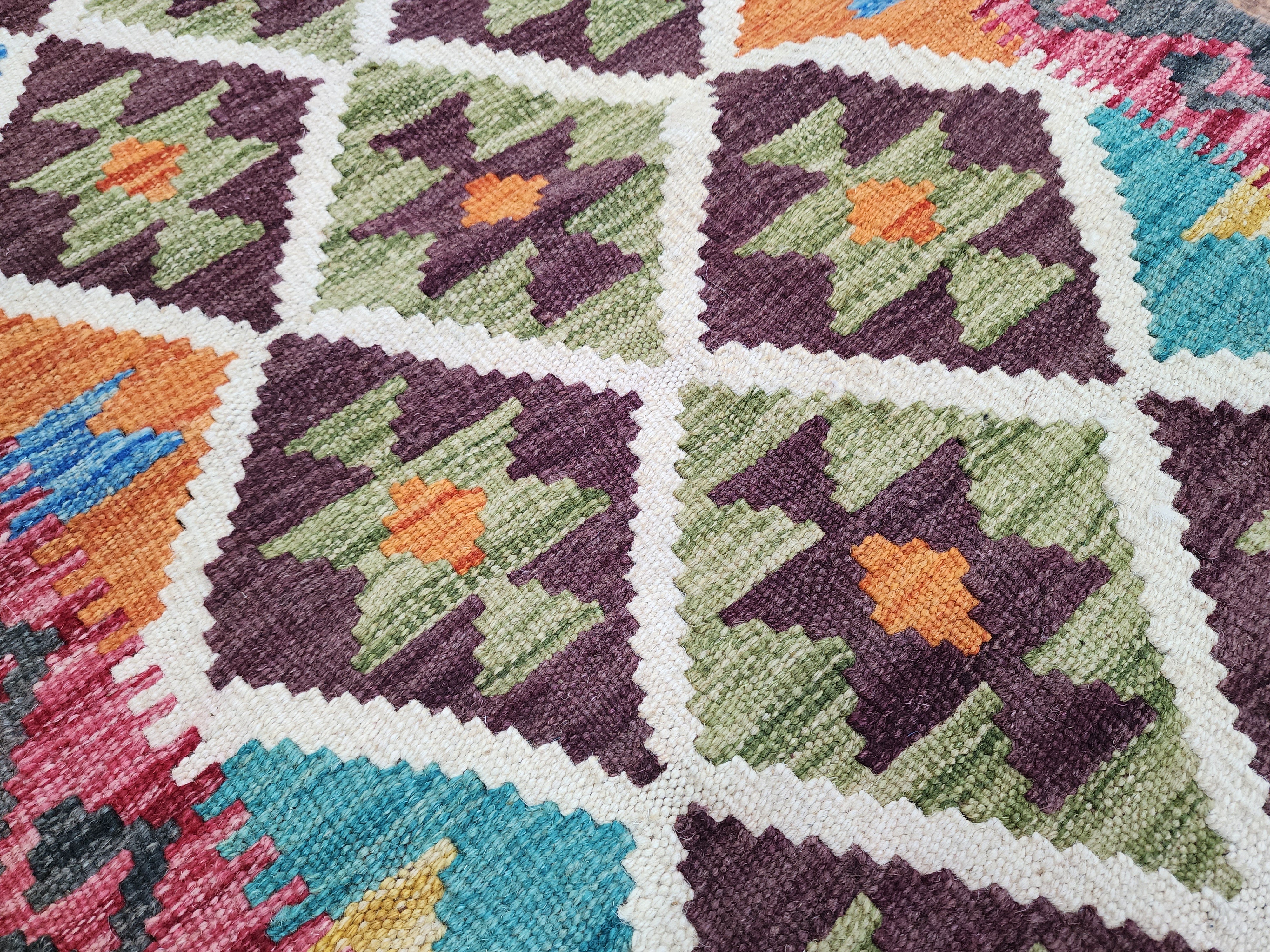 Alfombra Kilim afgana, 2 pies 1 pulgada x 2 pies 11 pulgadas Alfombra Kilim verde, azul y naranja