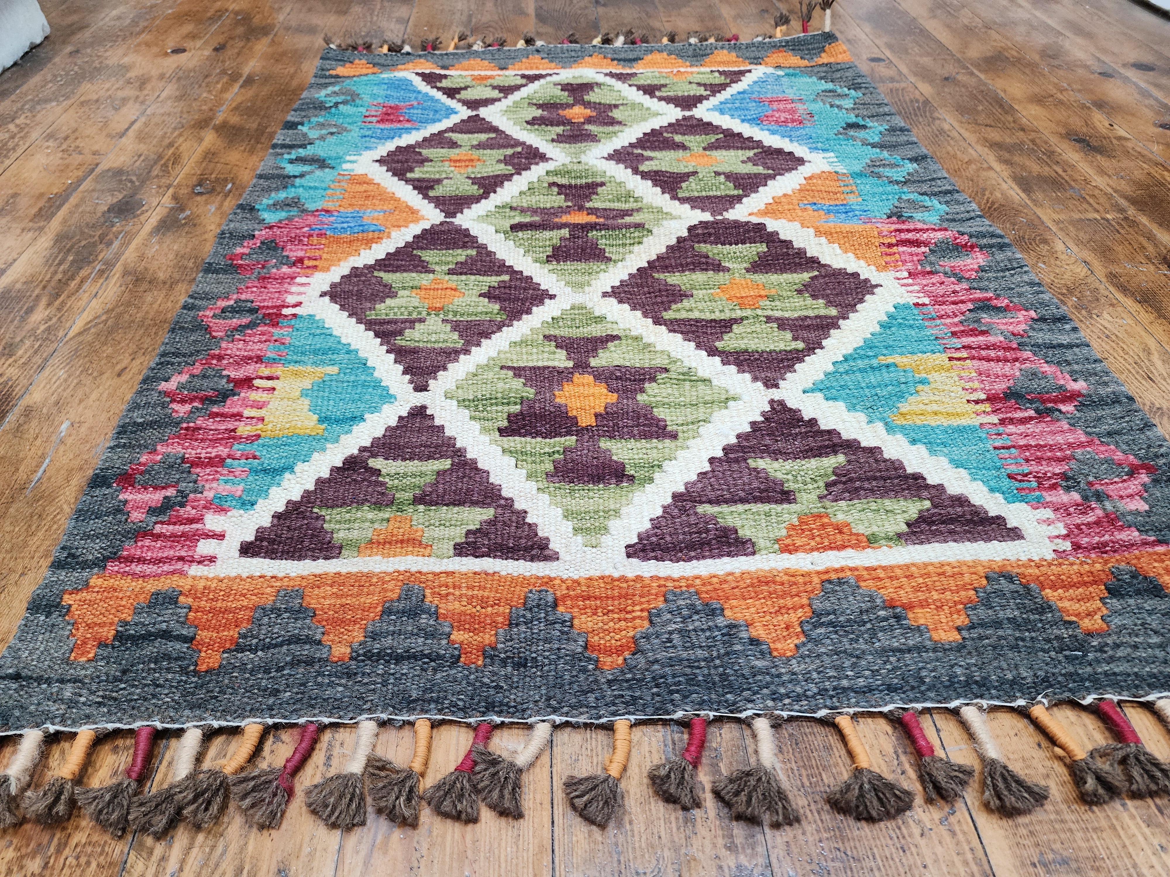 Afghan Kilim Rug, 2 ft 1 in x 2 ft 11 in Green, Blue and Orange Kilim Rug