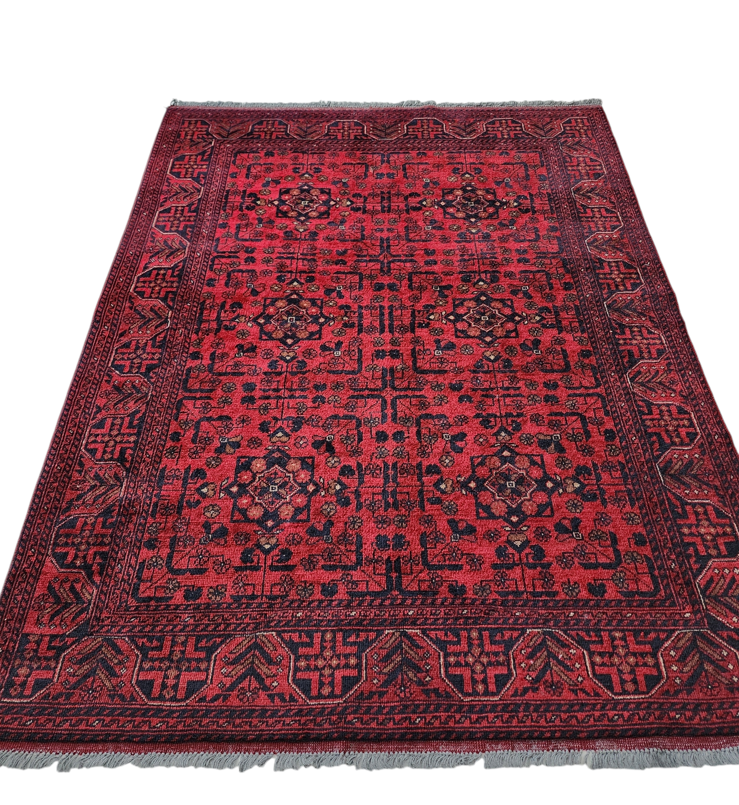 Afghan Khal Mohammadi Rug 6 x 5 ft, Red Blue Handmade Natural Wool Carpet, Superfine Turkoman Bokara Tribal Vintage Rug, Red Living Room Rug