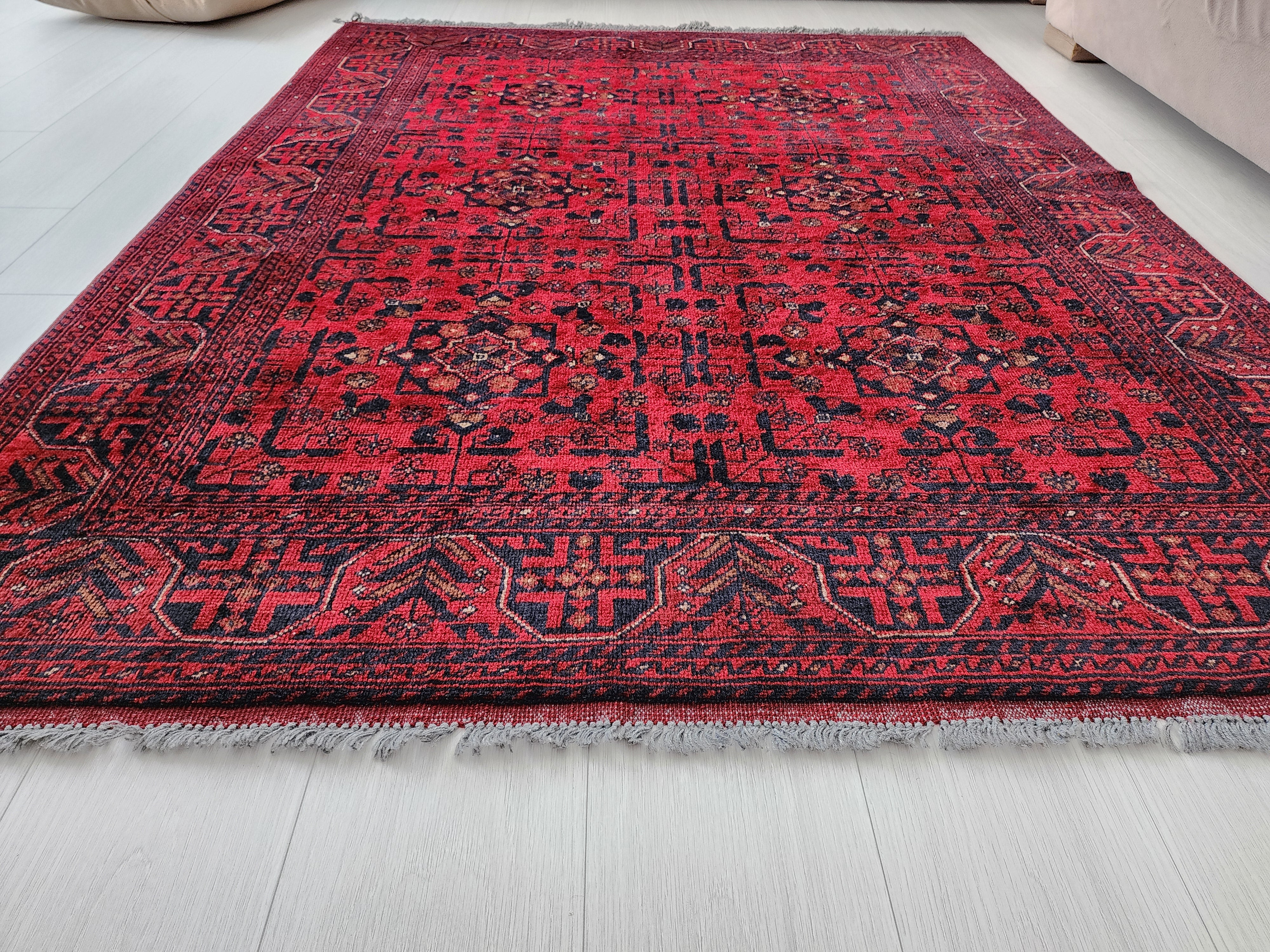 Afghan Khal Mohammadi Rug 6 x 5 ft, Red Blue Handmade Natural Wool Carpet, Superfine Turkoman Bokara Tribal Vintage Rug, Red Living Room Rug