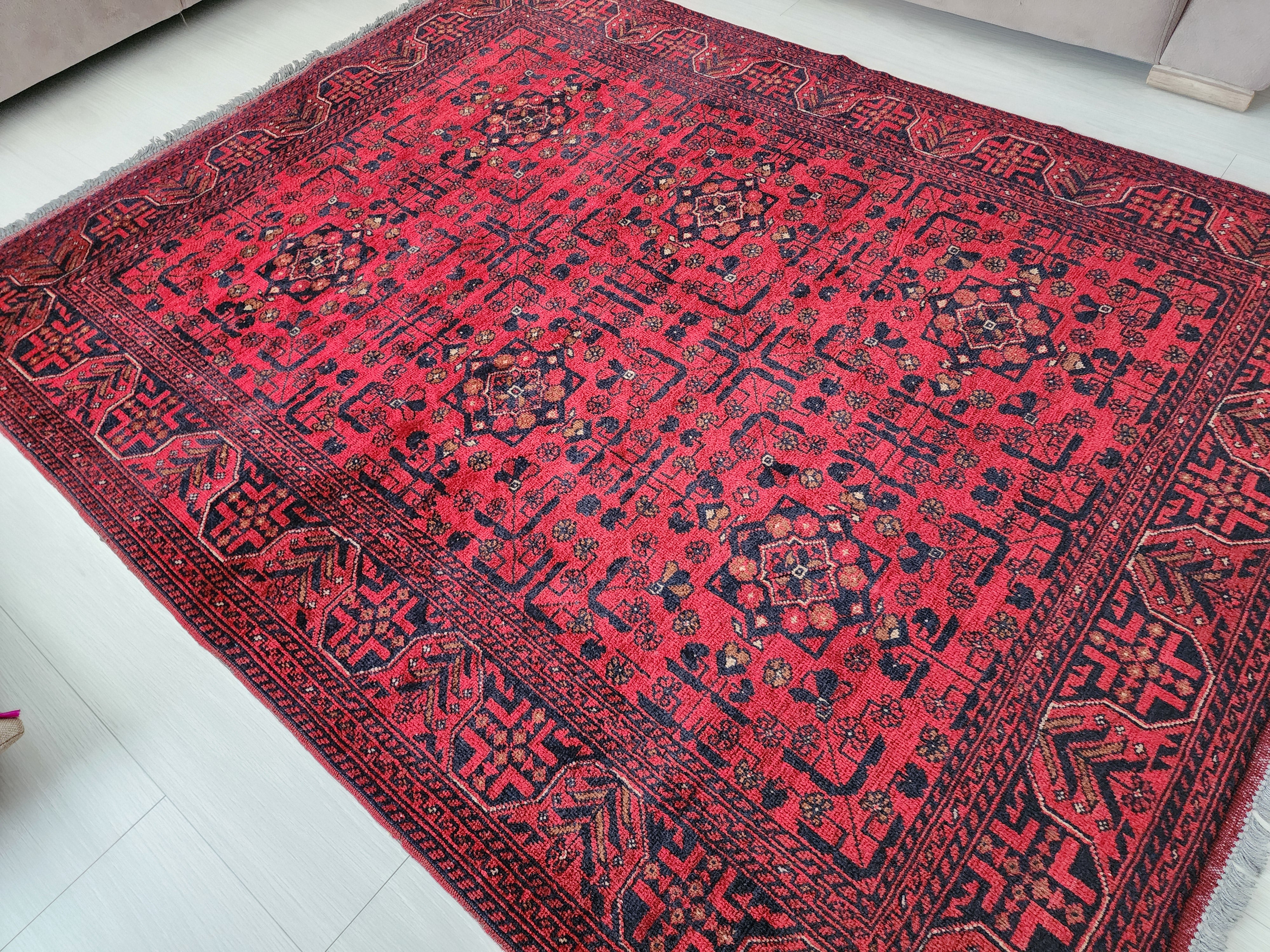 Afghan Khal Mohammadi Rug 6 x 5 ft, Red Blue Handmade Natural Wool Carpet, Superfine Turkoman Bokara Tribal Vintage Rug, Red Living Room Rug