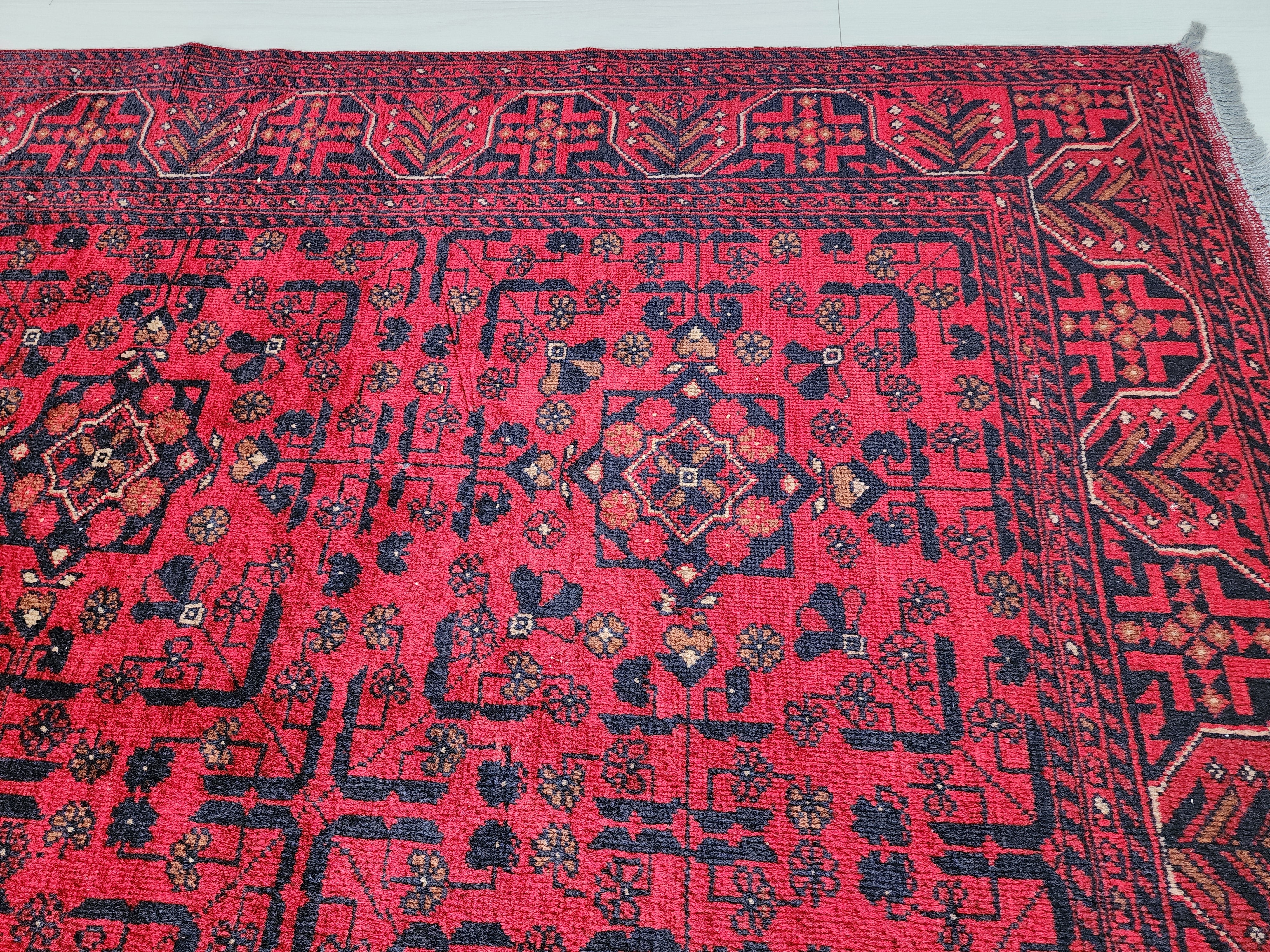 Afghan Khal Mohammadi Rug 6 x 5 ft, Red Blue Handmade Natural Wool Carpet, Superfine Turkoman Bokara Tribal Vintage Rug, Red Living Room Rug