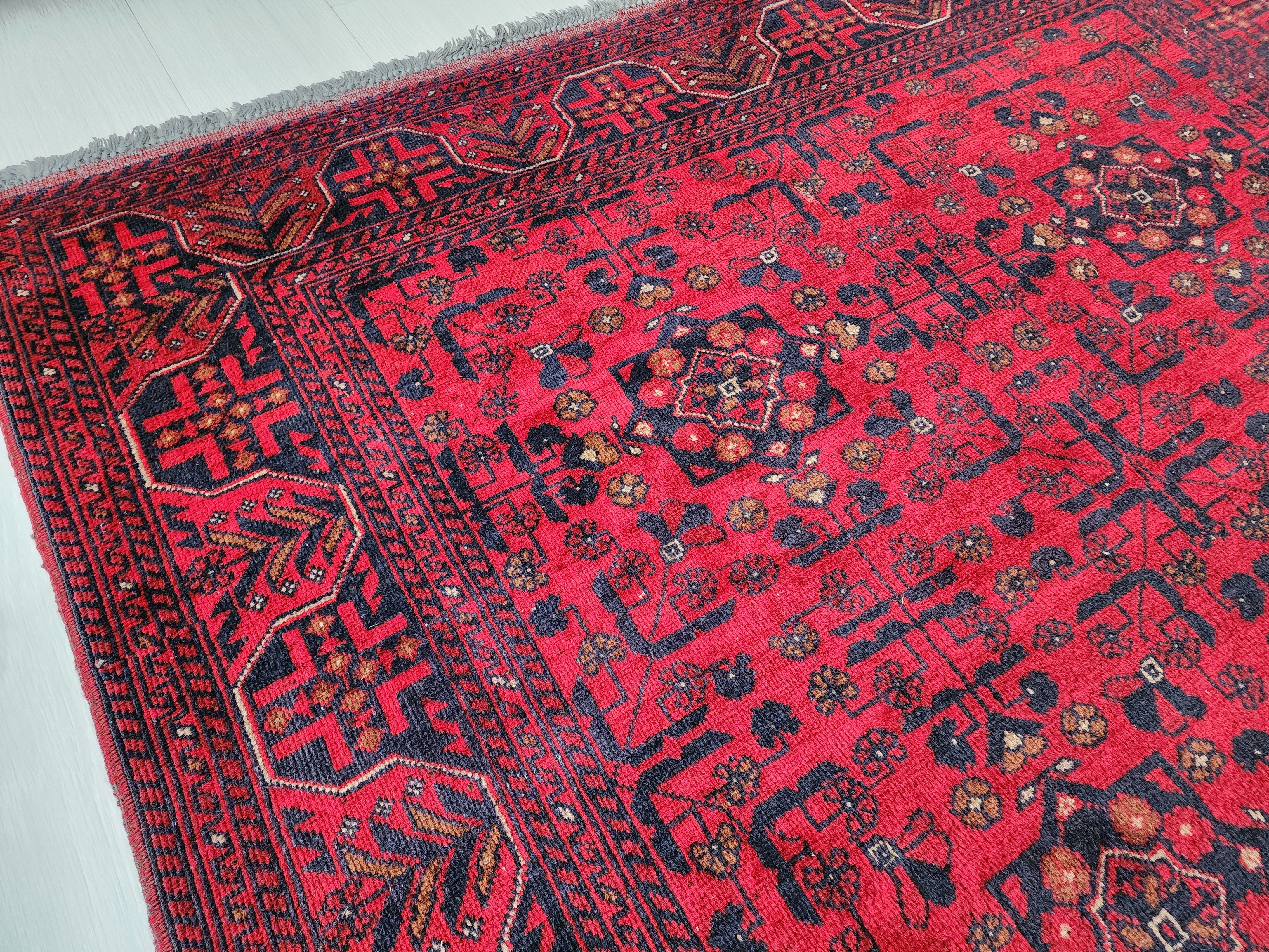 Afghan Khal Mohammadi Rug 6 x 5 ft, Red Blue Handmade Natural Wool Carpet, Superfine Turkoman Bokara Tribal Vintage Rug, Red Living Room Rug