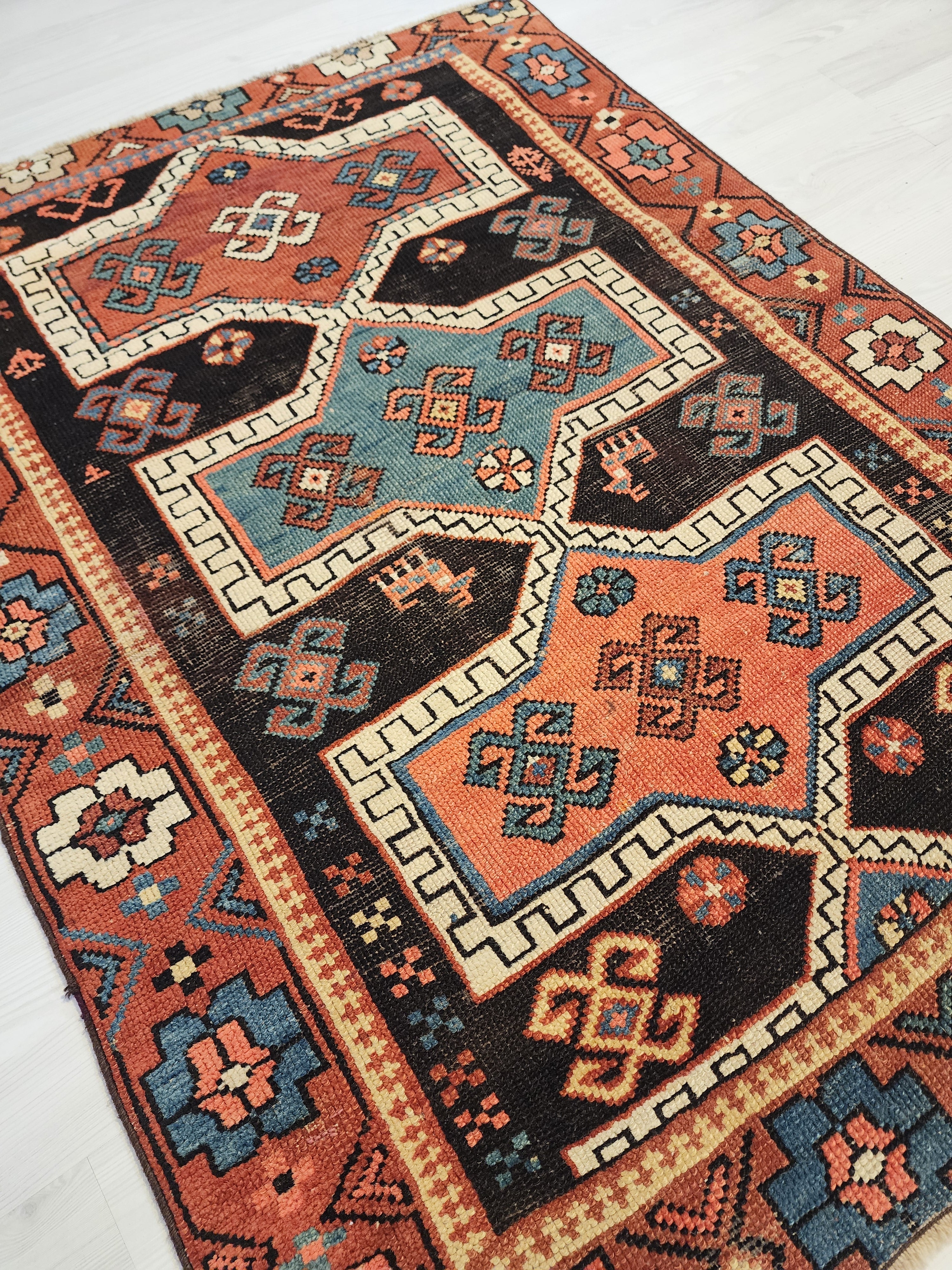 antique Cauasion Wool Rug, 4'3'' x 3'3'', Rustic Oriental Design — back view