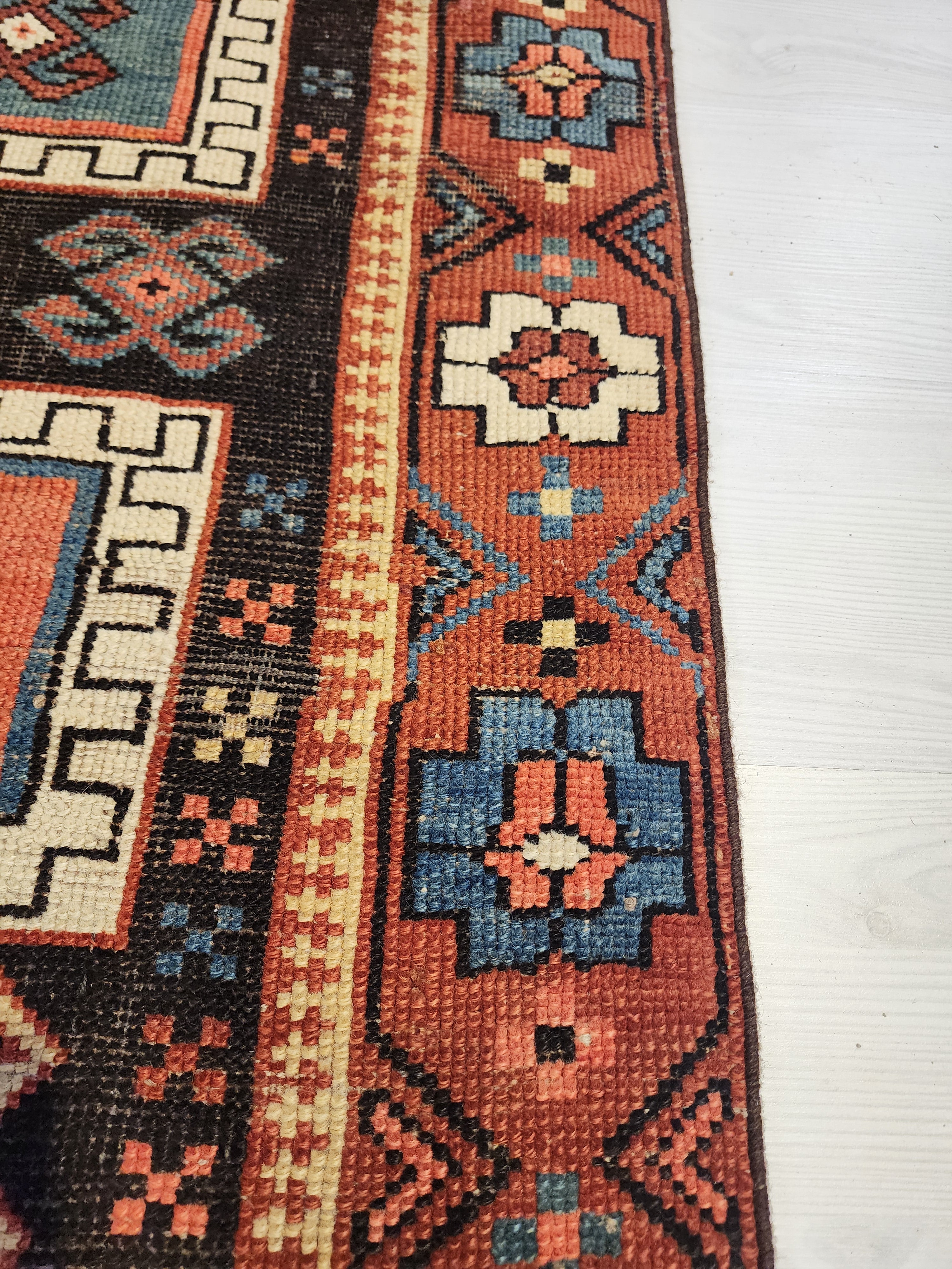 antique Cauasion Wool Rug, 4'3'' x 3'3'', Rustic Oriental Design — styled view