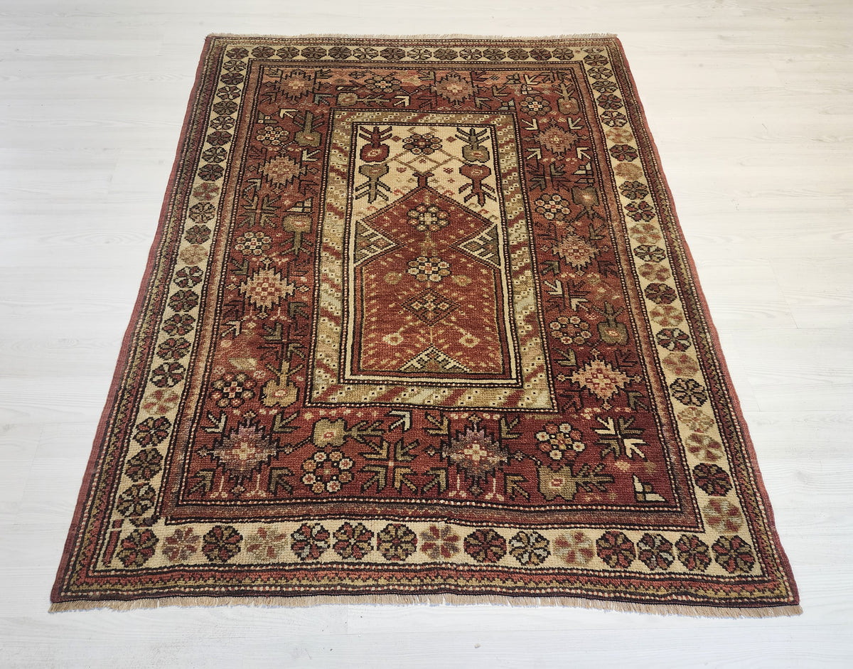 Antique Karaova prayer rug in red, brown and beige, 4'2" x 5'2", photo 2