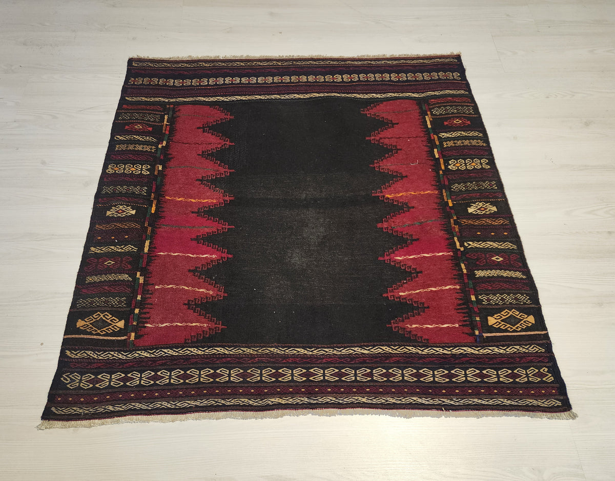 Authentic Anatolian Sofra Kilim – Handwoven Wool Tribal Dining Cloth (Dark Red & Black)