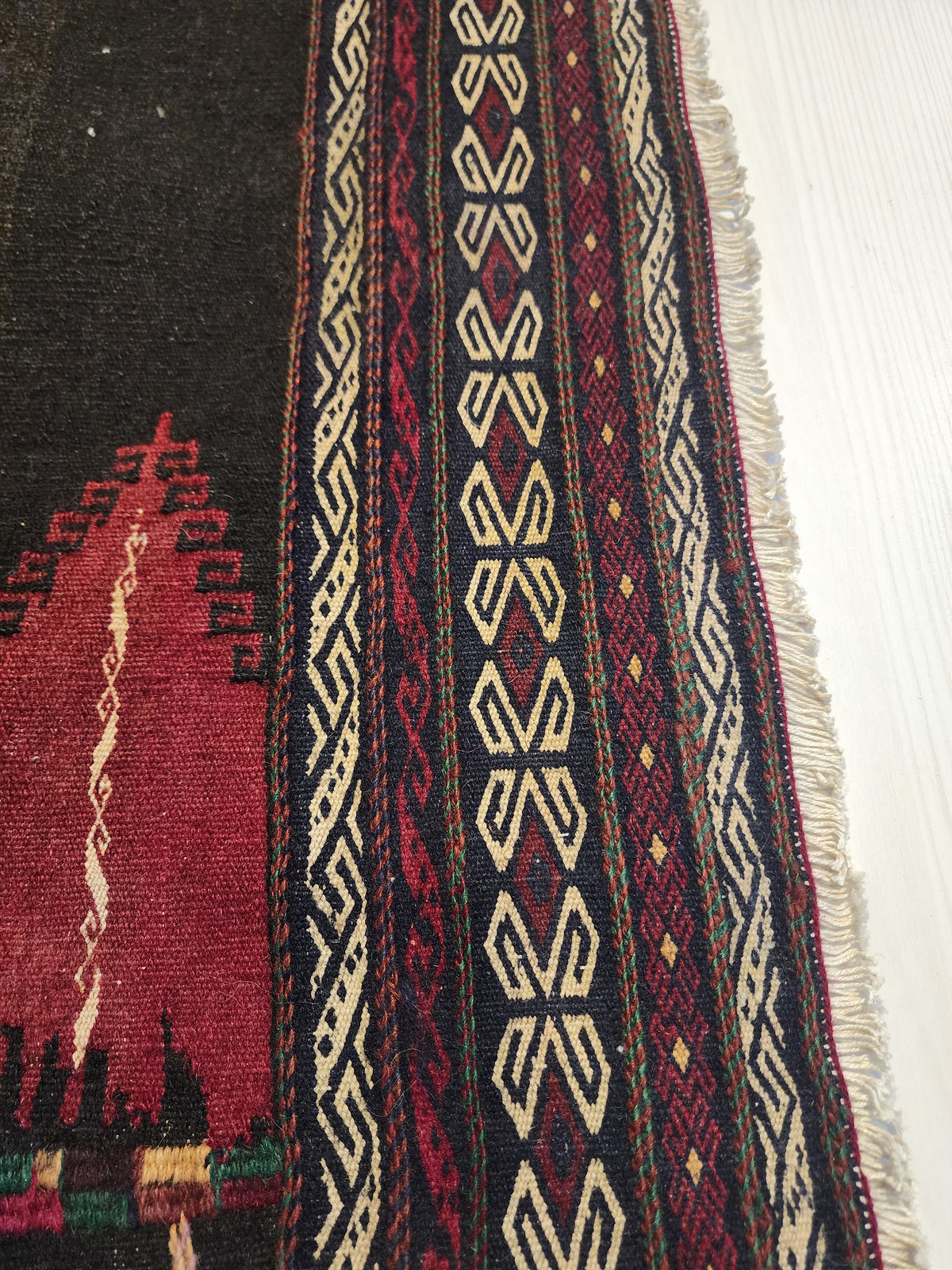 Authentic Anatolian Sofra Kilim – Handwoven Wool Tribal Dining Cloth (Dark Red & Black)