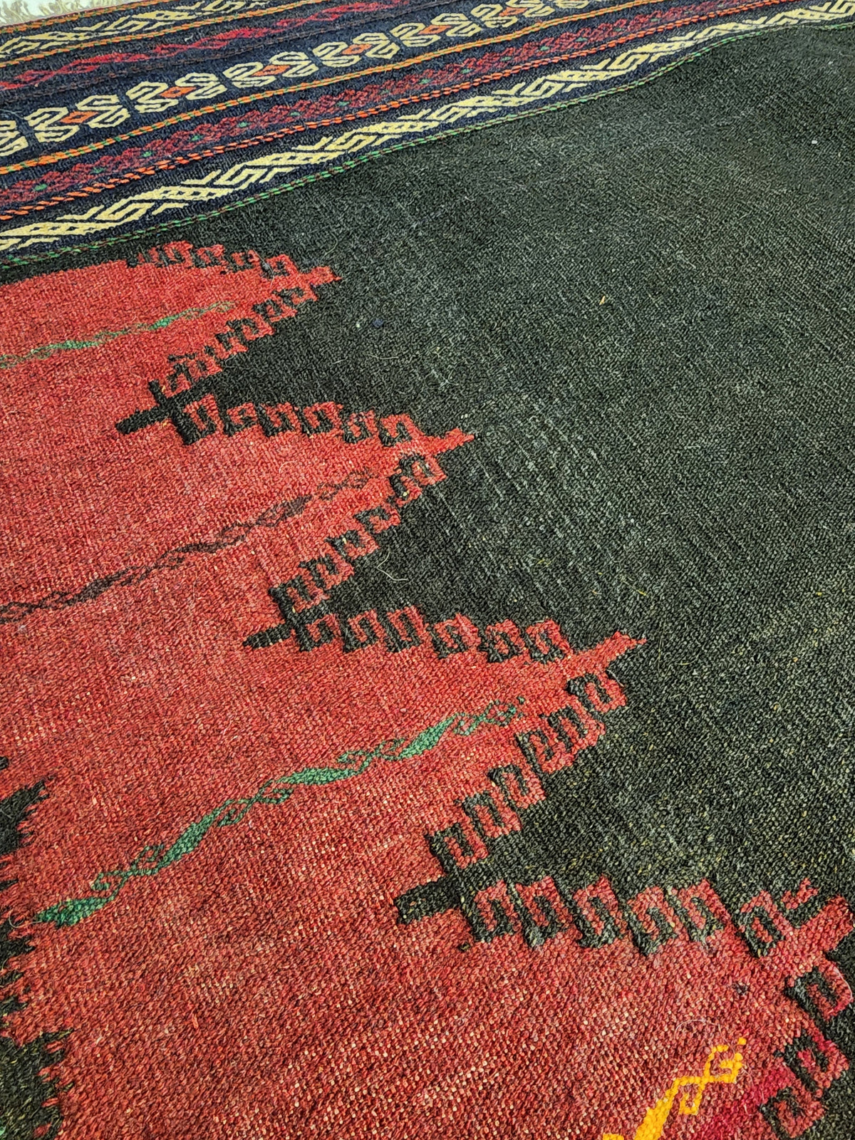 Authentic Anatolian Sofra Kilim – Handwoven Wool Tribal Dining Cloth (Dark Red & Black)