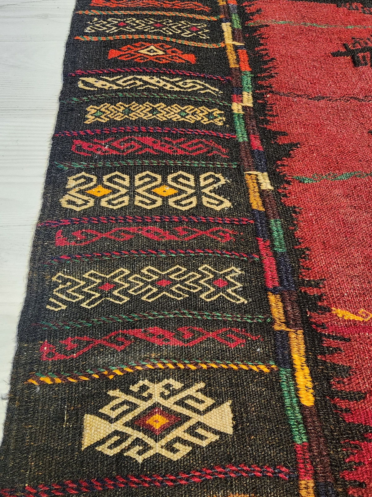 Authentic Anatolian Sofra Kilim – Handwoven Wool Tribal Dining Cloth (Dark Red & Black)