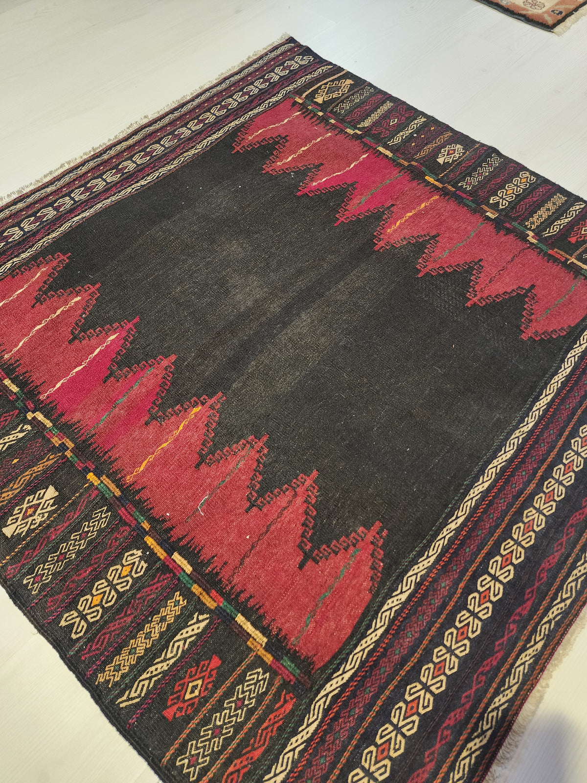 Authentic Anatolian Sofra Kilim – Handwoven Wool Tribal Dining Cloth (Dark Red & Black)