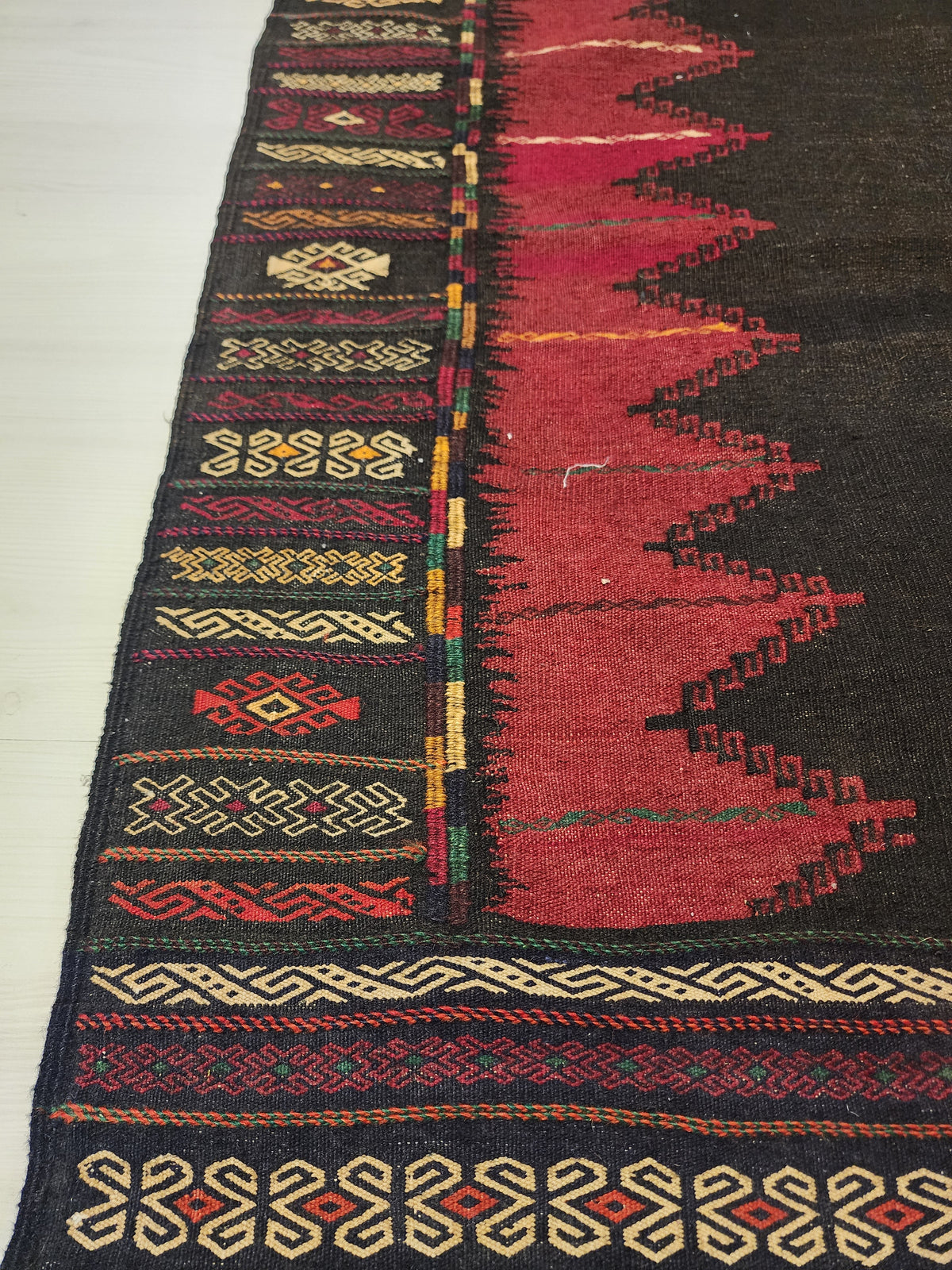 Authentic Anatolian Sofra Kilim – Handwoven Wool Tribal Dining Cloth (Dark Red & Black)