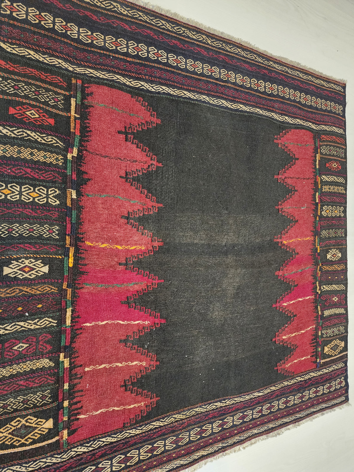 Authentic Anatolian Sofra Kilim – Handwoven Wool Tribal Dining Cloth (Dark Red & Black)
