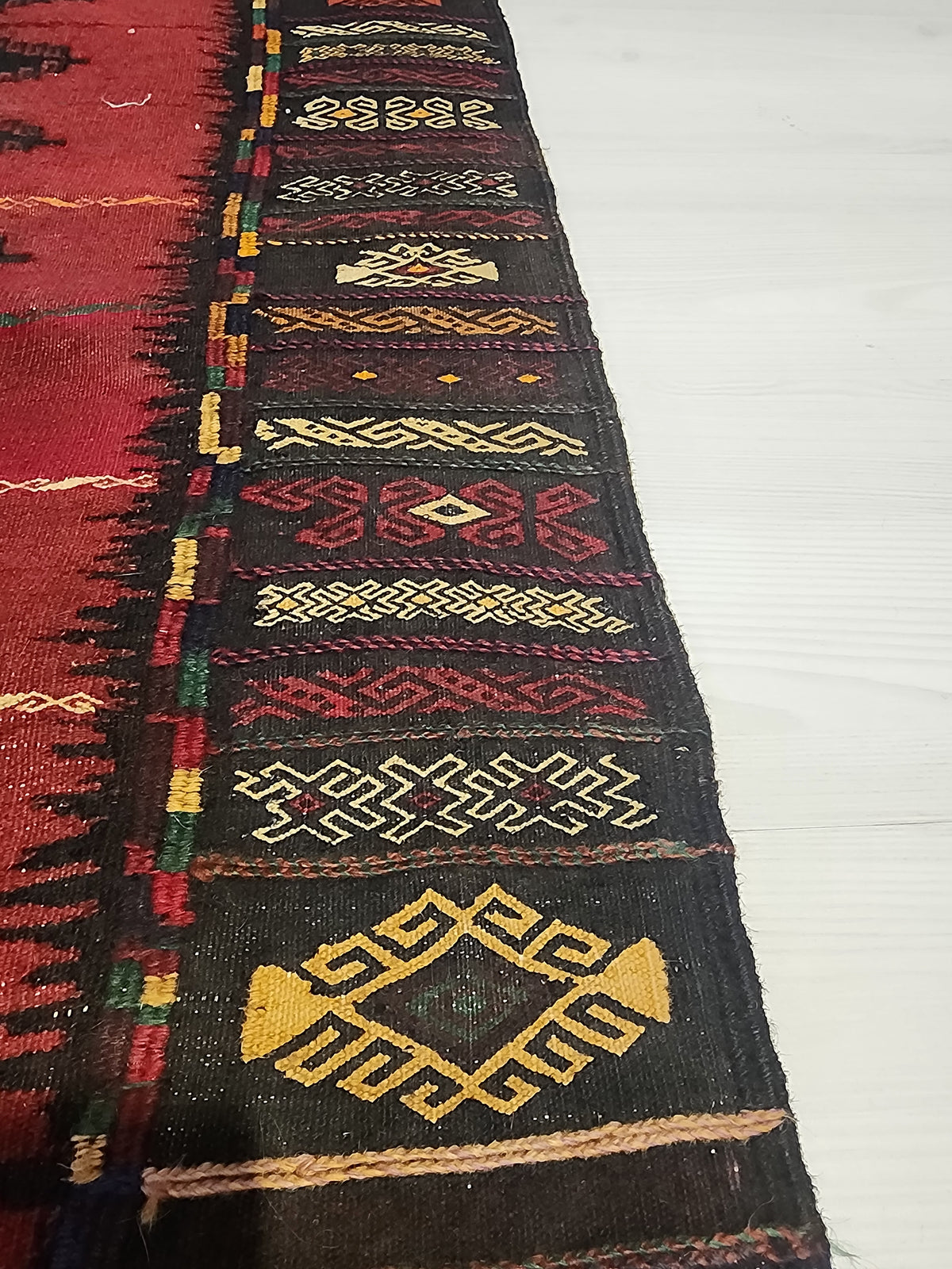 Authentic Anatolian Sofra Kilim – Handwoven Wool Tribal Dining Cloth (Dark Red & Black)