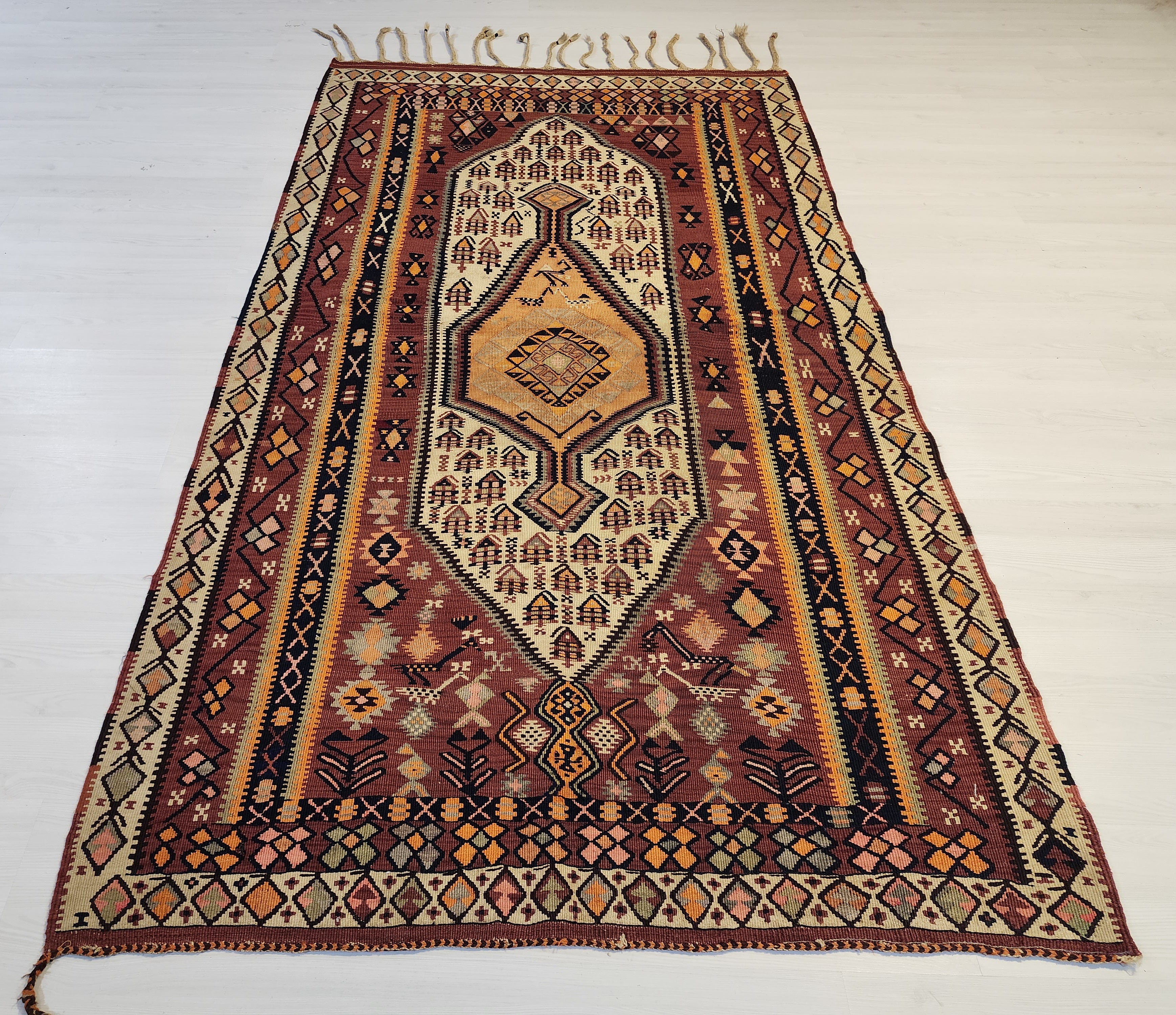 Antique 1870s Hakkari Kilim Rug, Tribal Bird Motif Wool Flatweave