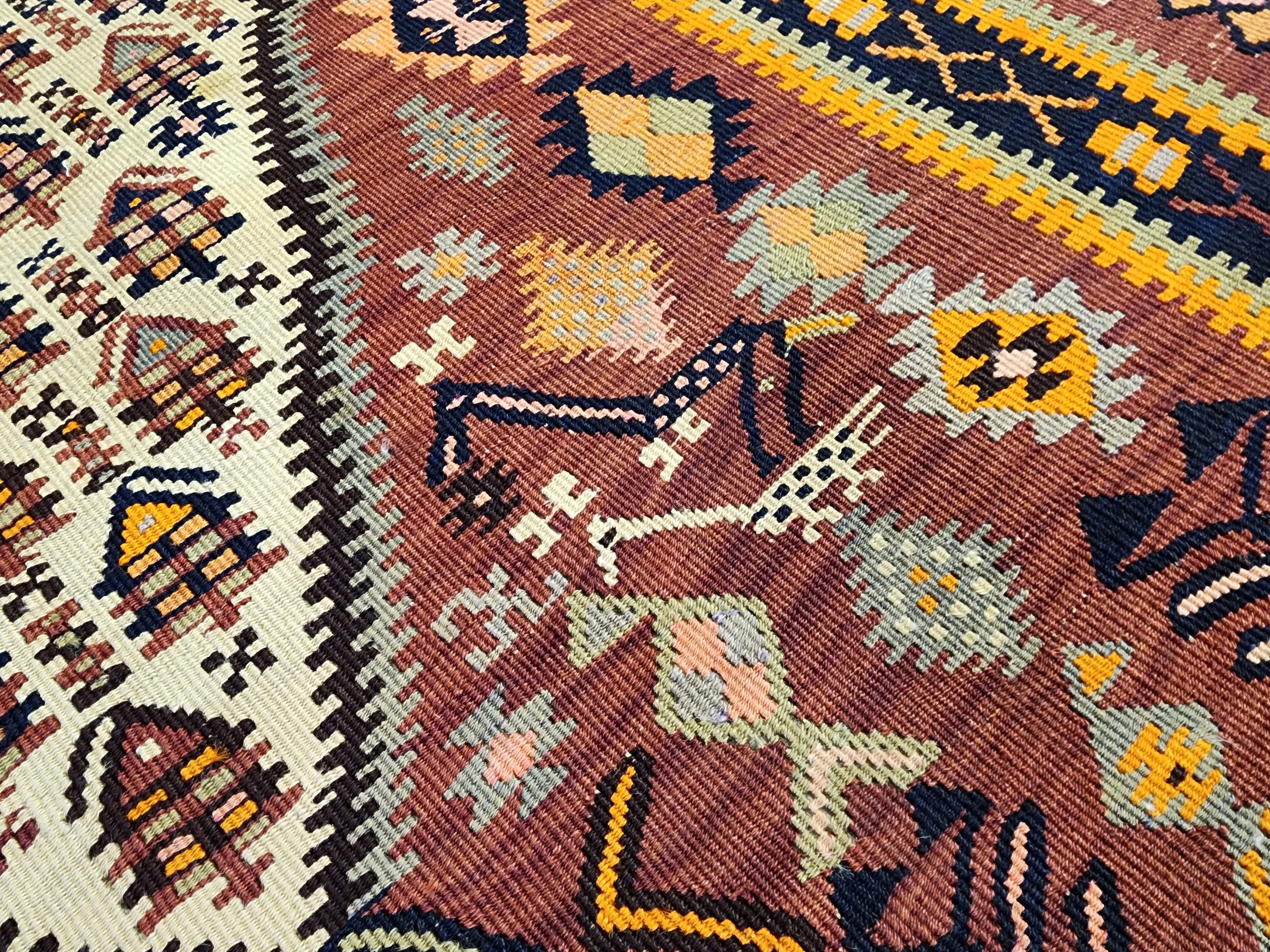 Antique 1870s Hakkari Kilim Rug, Tribal Bird Motif Wool Flatweave