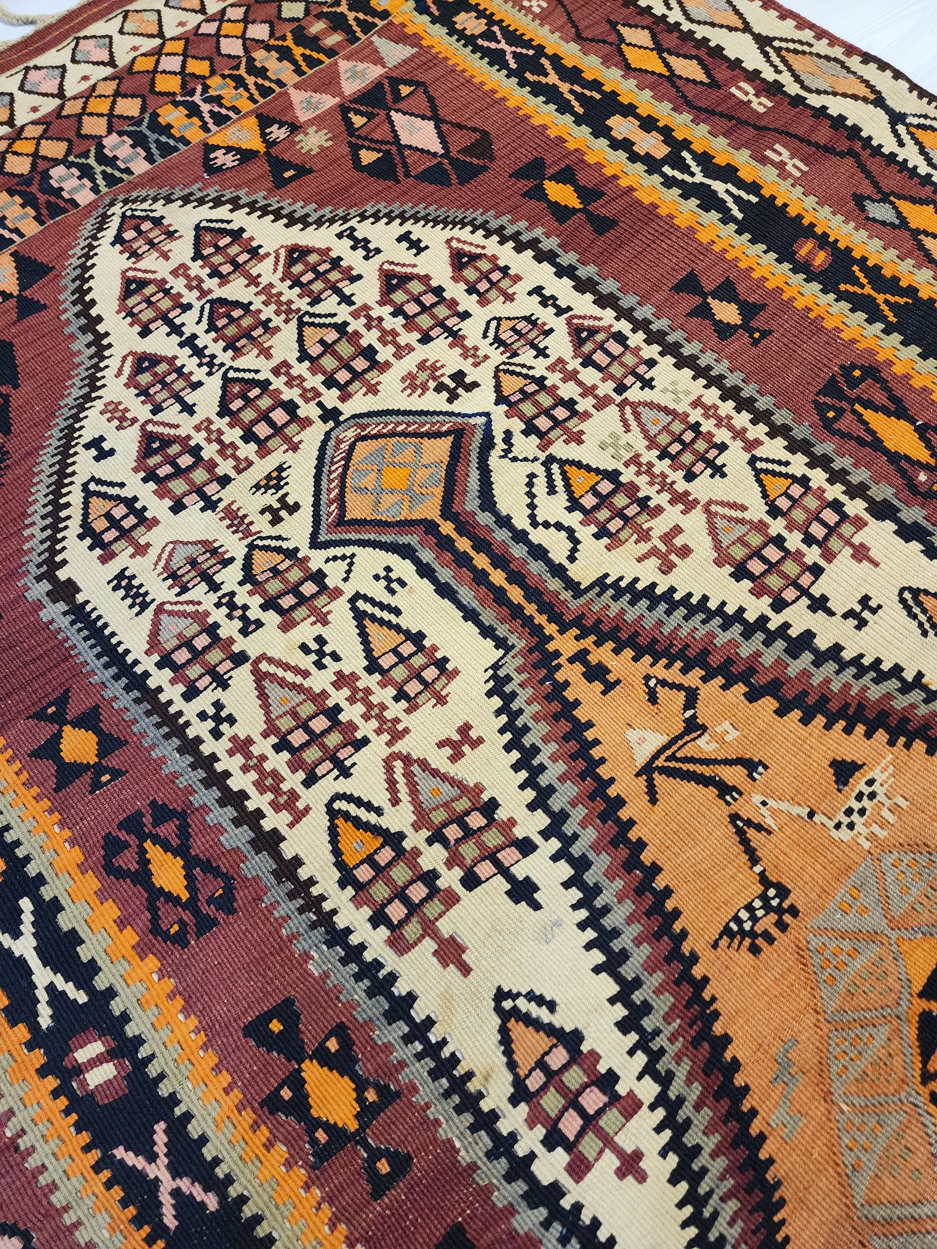 Antique 1870s Hakkari Kilim Rug, Tribal Bird Motif Wool Flatweave