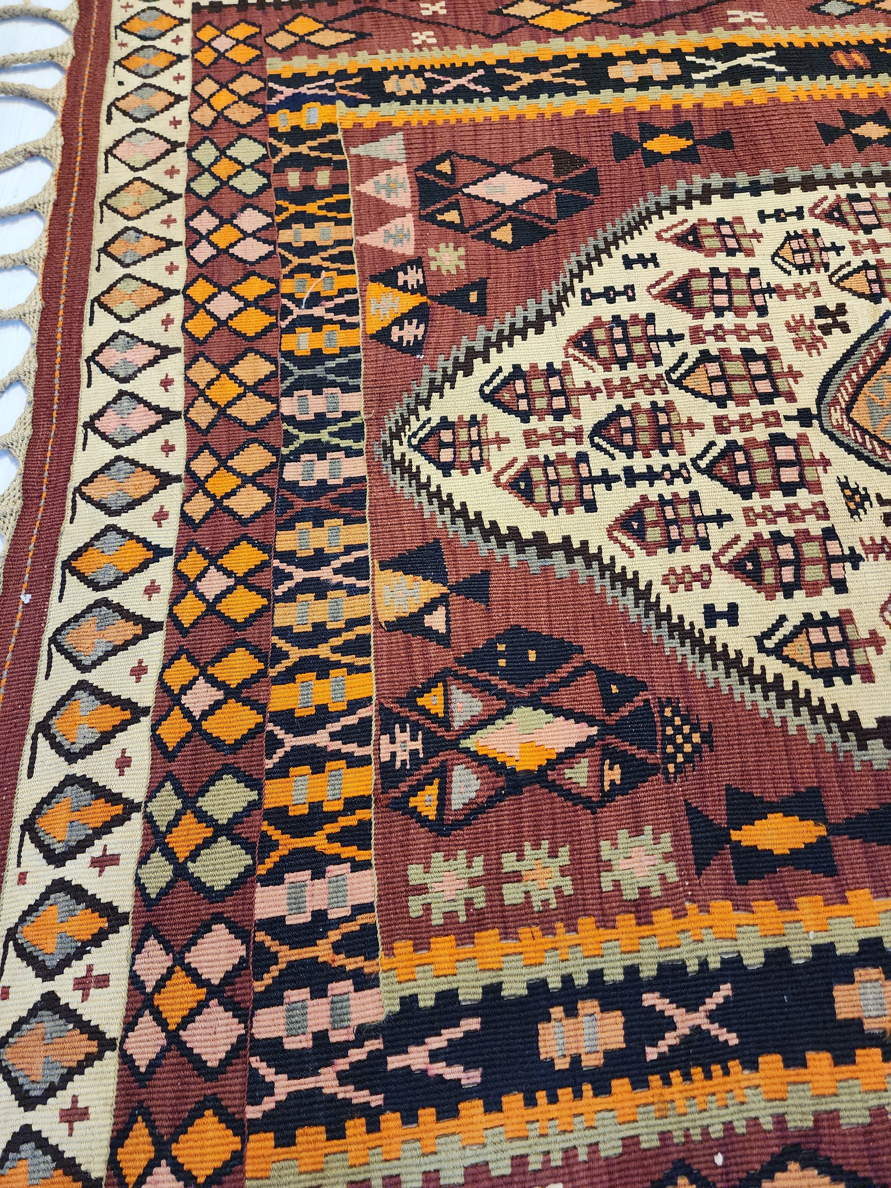 Antique 1870s Hakkari Kilim Rug, Tribal Bird Motif Wool Flatweave