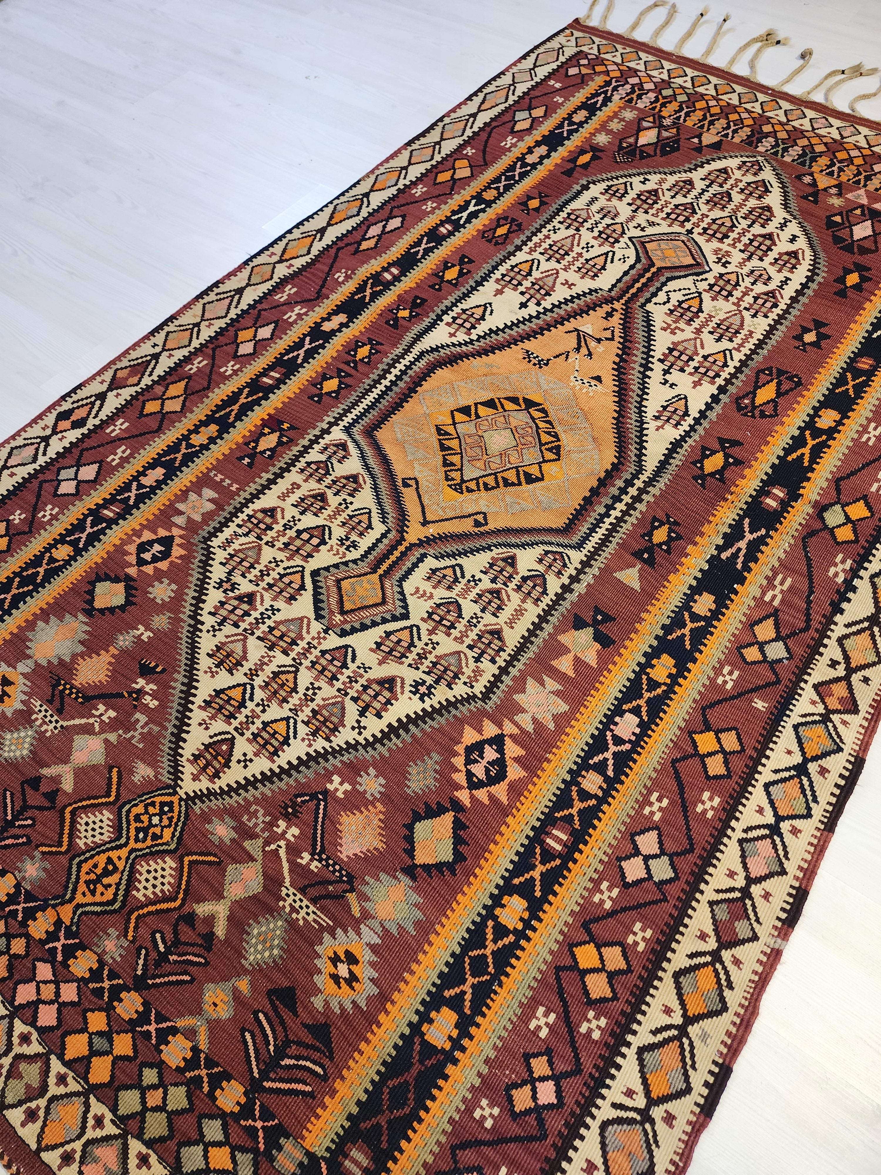Antique 1870s Hakkari Kilim Rug, Tribal Bird Motif Wool Flatweave