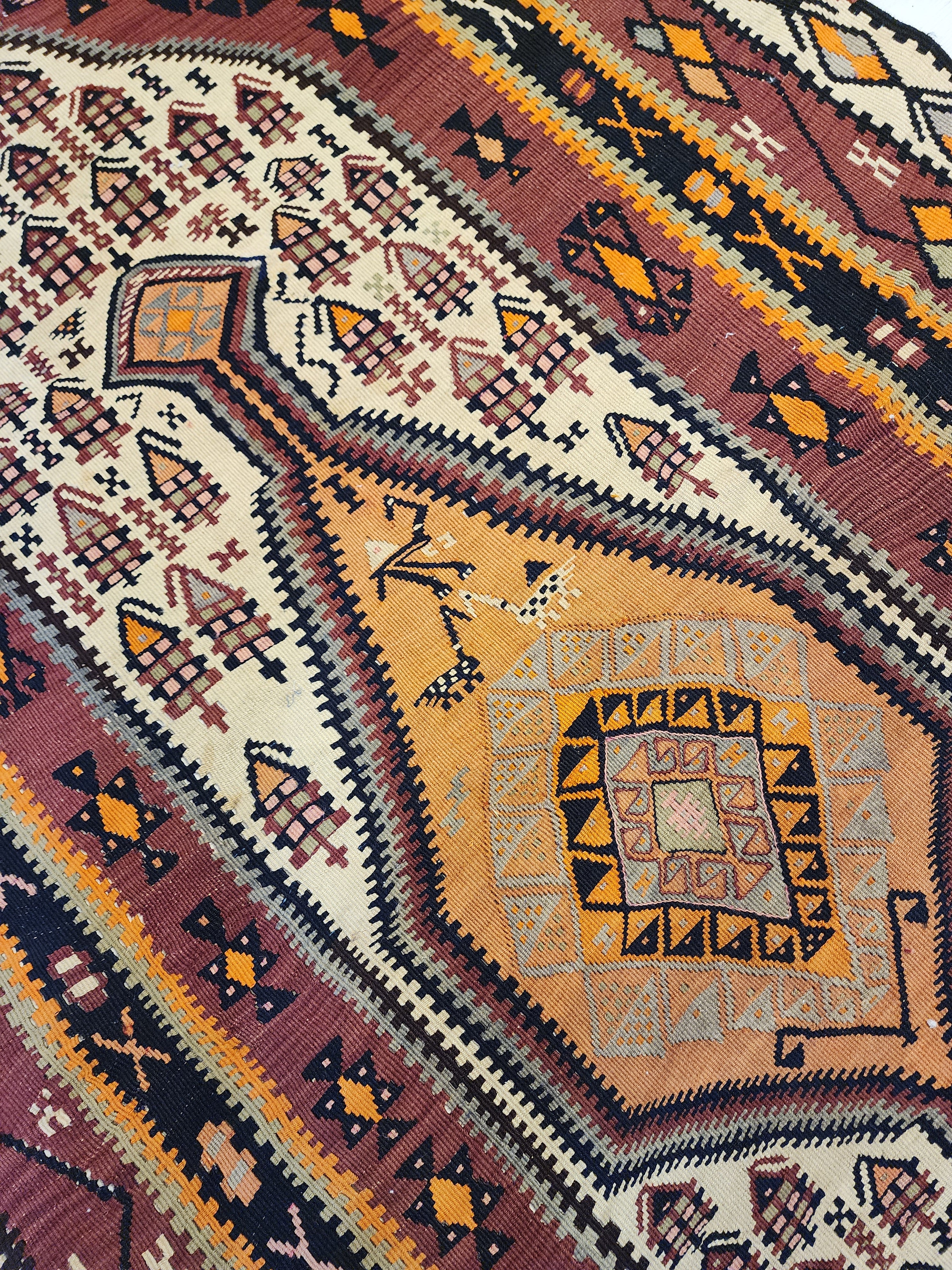 Antique 1870s Hakkari Kilim Rug, Tribal Bird Motif Wool Flatweave
