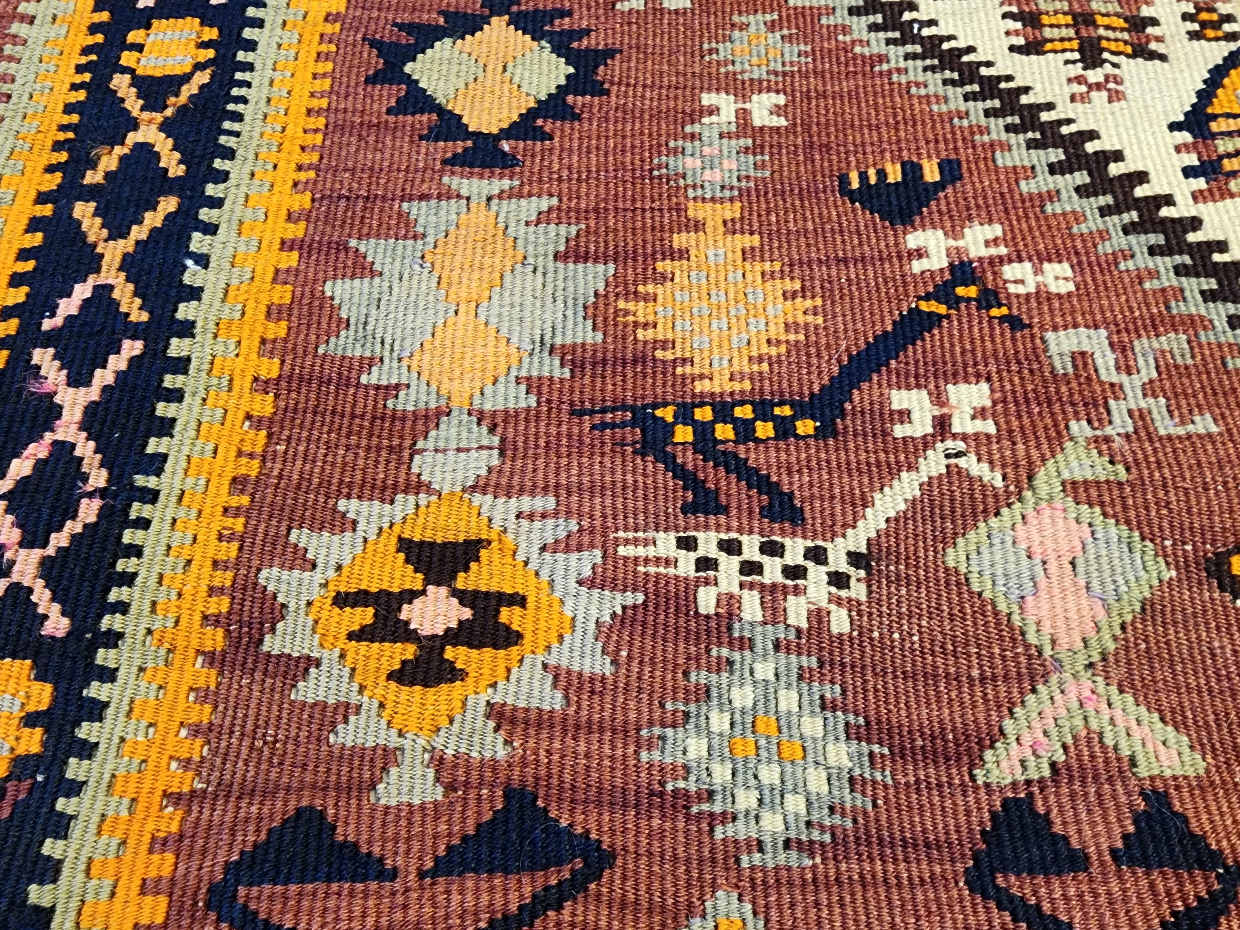 Antique 1870s Hakkari Kilim Rug, Tribal Bird Motif Wool Flatweave