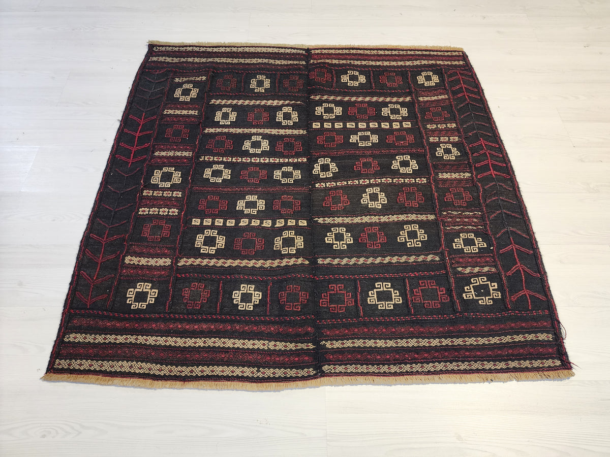 Antique Anatolian Kilim Rug, 1930s Geometric Wool Flatweave, Dark Red Charcoal Accent (4'4'' x 4'5'')