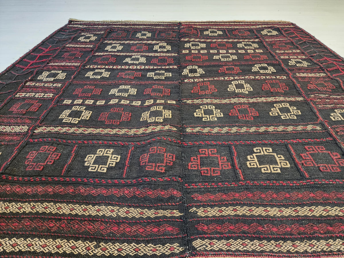 Antique Anatolian Kilim Rug, 1930s Geometric Wool Flatweave, Dark Red Charcoal Accent (4'4'' x 4'5'')