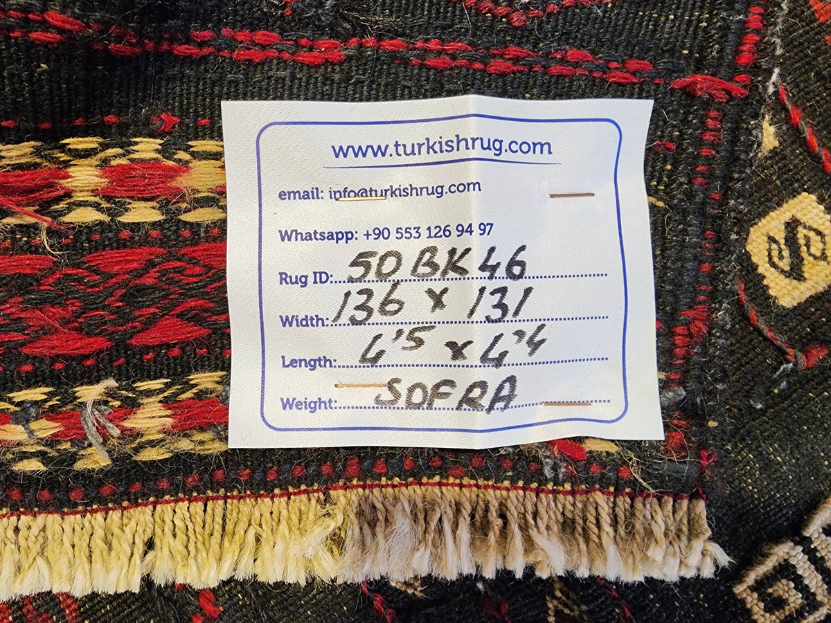 Antique Anatolian Kilim Rug, 1930s Geometric Wool Flatweave, Dark Red Charcoal Accent (4'4'' x 4'5'')