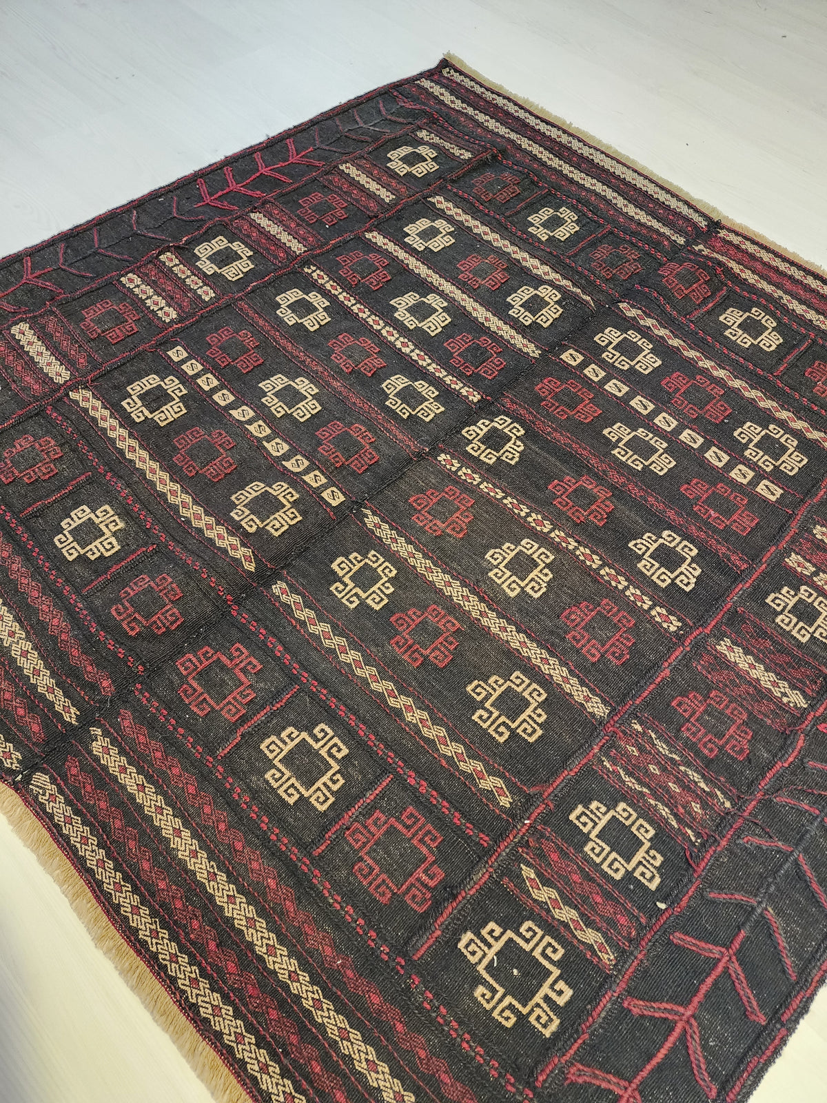 Antique Anatolian Kilim Rug, 1930s Geometric Wool Flatweave, Dark Red Charcoal Accent (4'4'' x 4'5'')