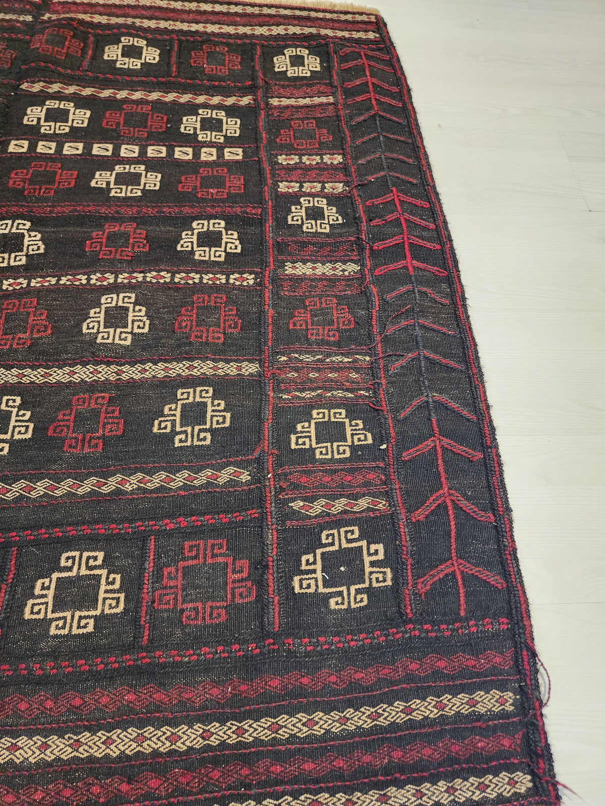 Antique Anatolian Kilim Rug, 1930s Geometric Wool Flatweave, Dark Red Charcoal Accent (4'4'' x 4'5'')
