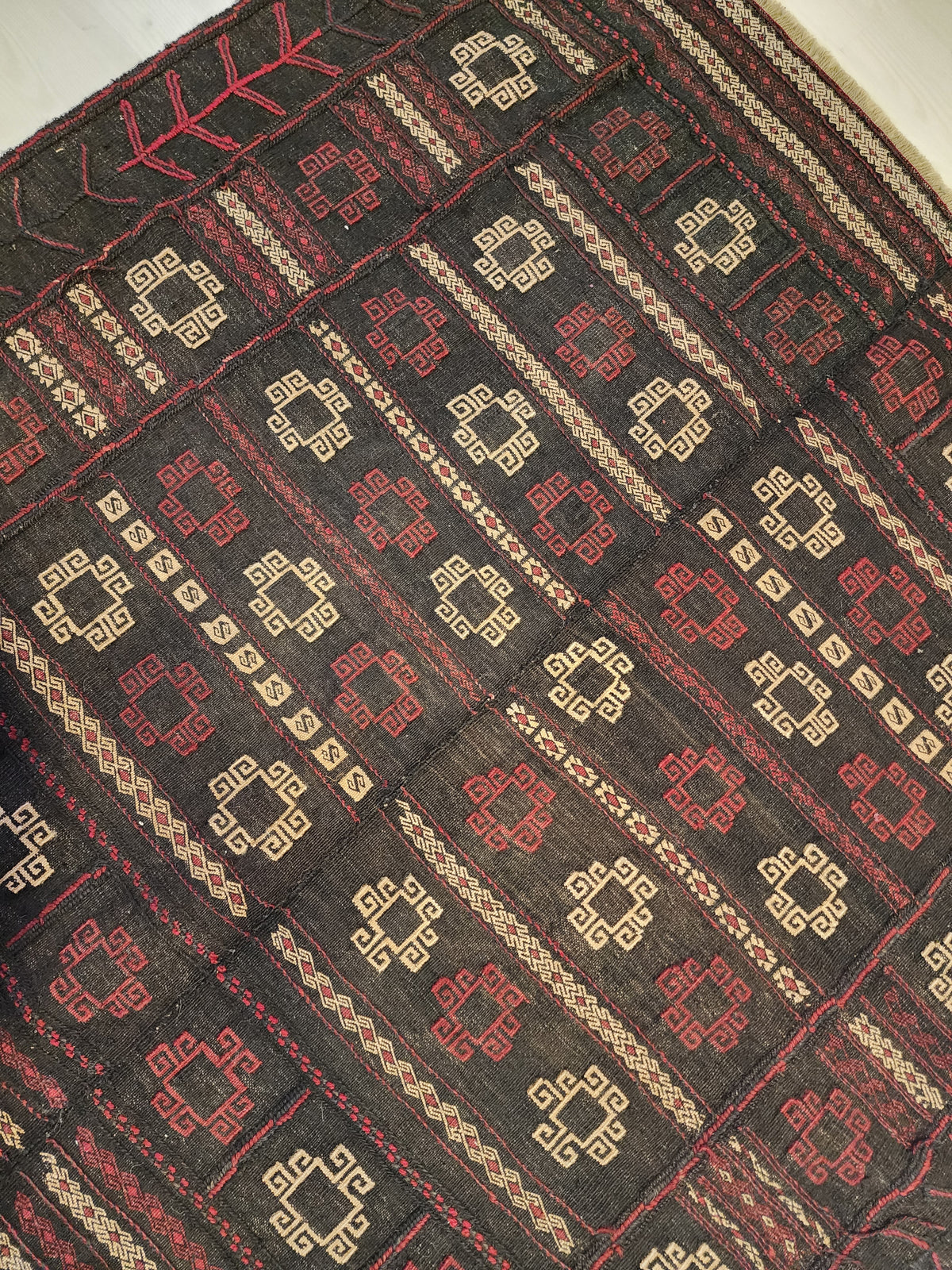 Antique Anatolian Kilim Rug, 1930s Geometric Wool Flatweave, Dark Red Charcoal Accent (4'4'' x 4'5'')
