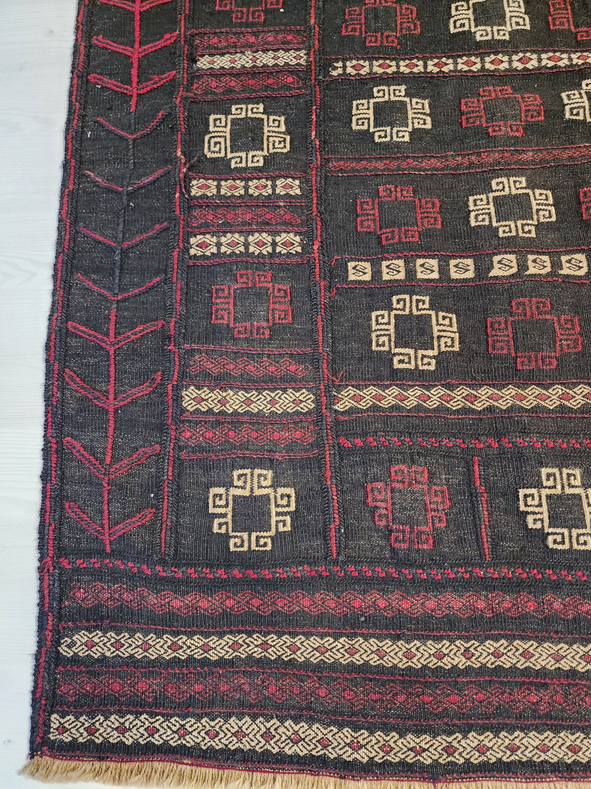 Antique Anatolian Kilim Rug, 1930s Geometric Wool Flatweave, Dark Red Charcoal Accent (4'4'' x 4'5'')